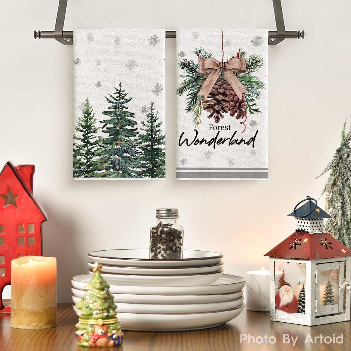 Artoid Mode Xmas Trees Pine Cone Reindeer Ornament Merry Christmas Kitchen Towels Dish Towels, 18x26 Inch Farmhouse Decoration Hand Towels Set of 6