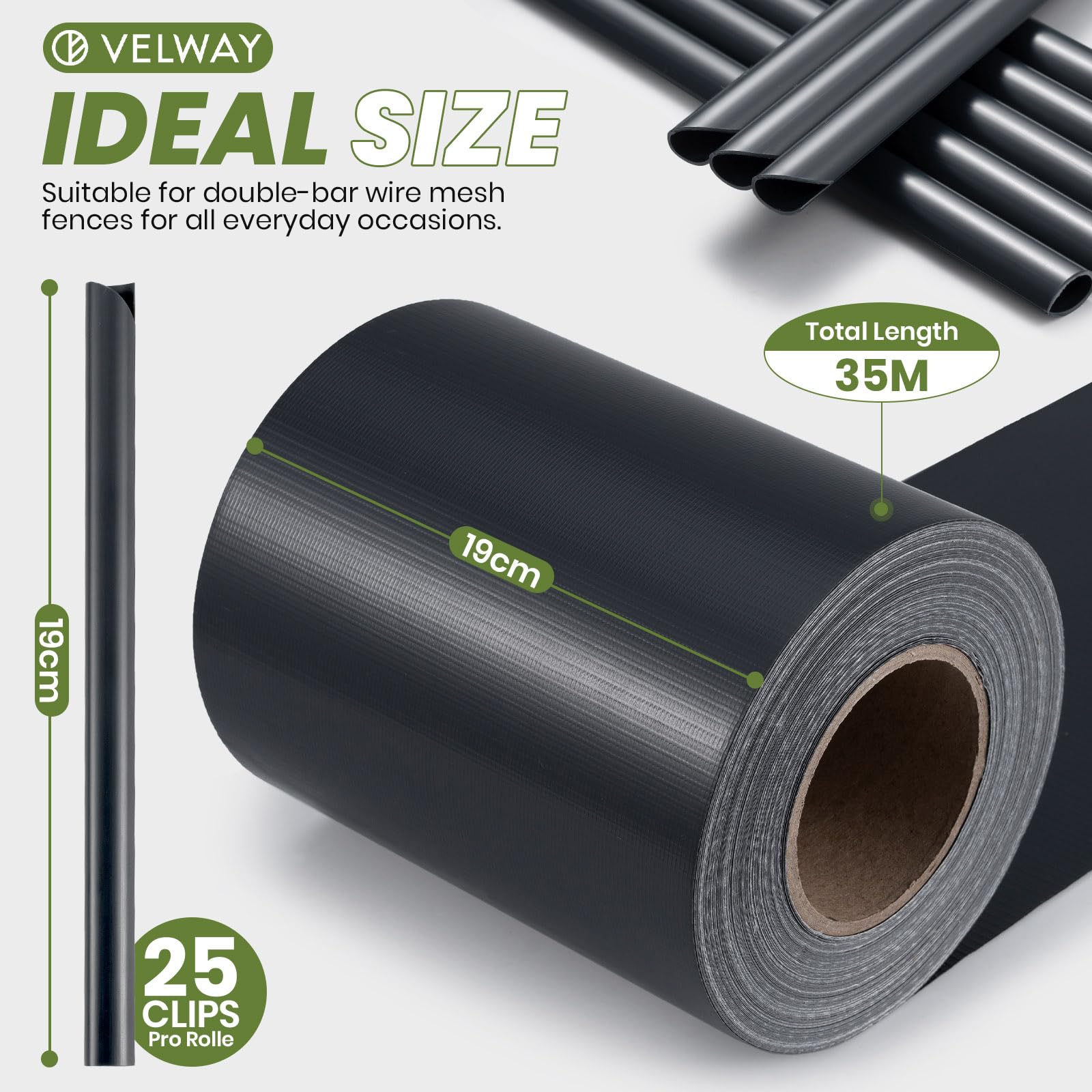 Velway Strisce Frangivista in PVC per Recinzione a Doppio Picchetto - 35m x 19cm, 450g/m², Anti-UV, Impermeabile e Antistrappo, con 25 Clip di Fissaggio per Giardino e Balcone
