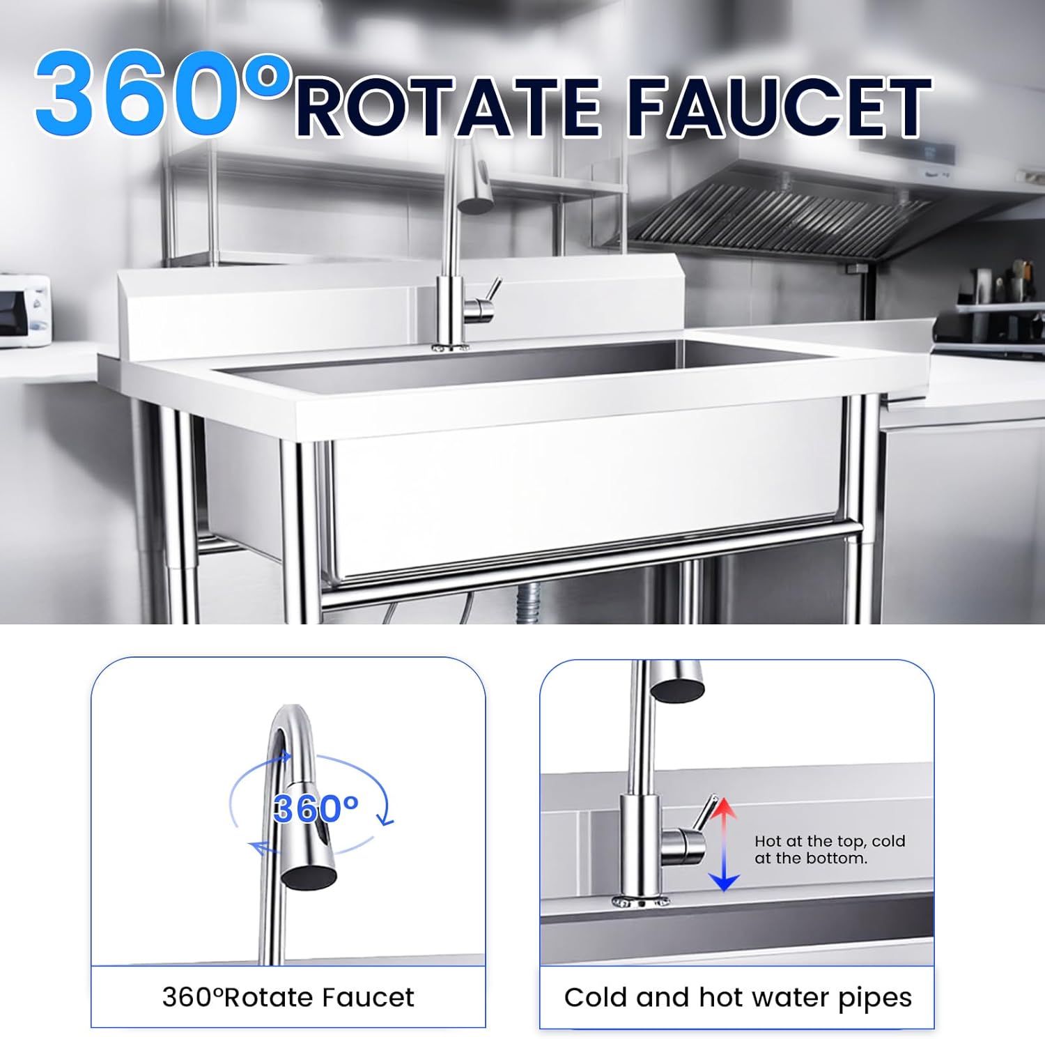 40 Inch Stainless Steel Utility Sink, Freestanding Laundry Sink, 3 Spray Modes 360° Retractable Faucet + Lower Storage Shelf for Outdoor Kitchen Bathroom Pet Care