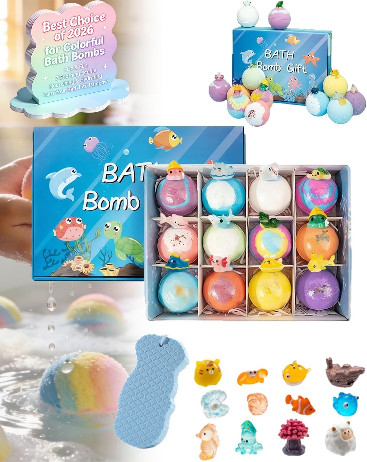 Bath Bombs with Surprise Toys Inside Animal Figure Easter Bathbombs Egg Gift Set Hatching Basket Stuffer Mega Natural Splashy Rainbow Fizzy Bubble Fun Foaming Treasure Birthday Holiday Present(2PCS)