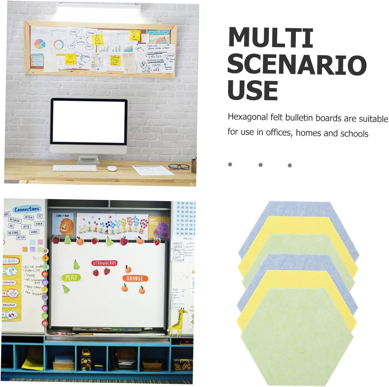 KICHOUSE 6pcs Adhesive Hexagon Felt Wall Tiles Memo Board Stickers for Home Office and Classroom Decorative Bulletin Board Lemon Leaf