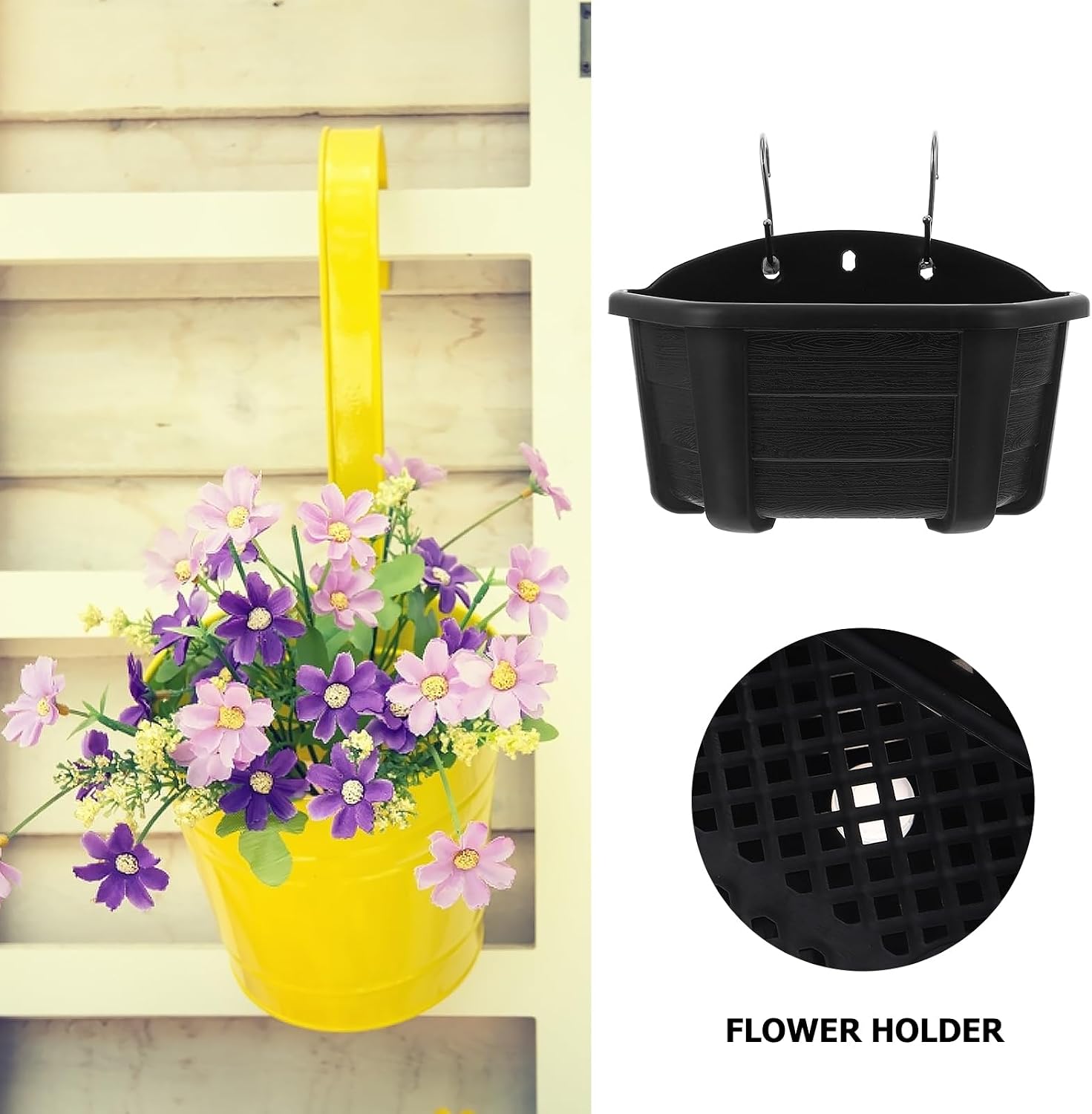 Yardwe Hanging Flower Pots, 2PCS Wall Hanging Planters for Railing Fence Balcony, Plastic Plants Pots for Window Box Garden Patio Balcony Outdoor Flowers Indoor Decor (Black)