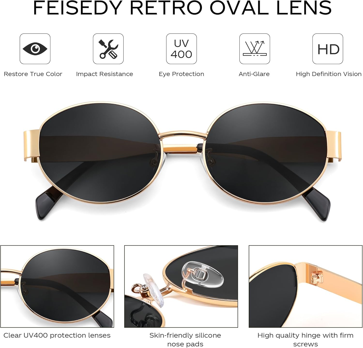 FEISEDY Trendy Retro Oval Sunglasses for Women Men Small Metal Frame Sun Glasses UV400 Shades B0124 - Image 4