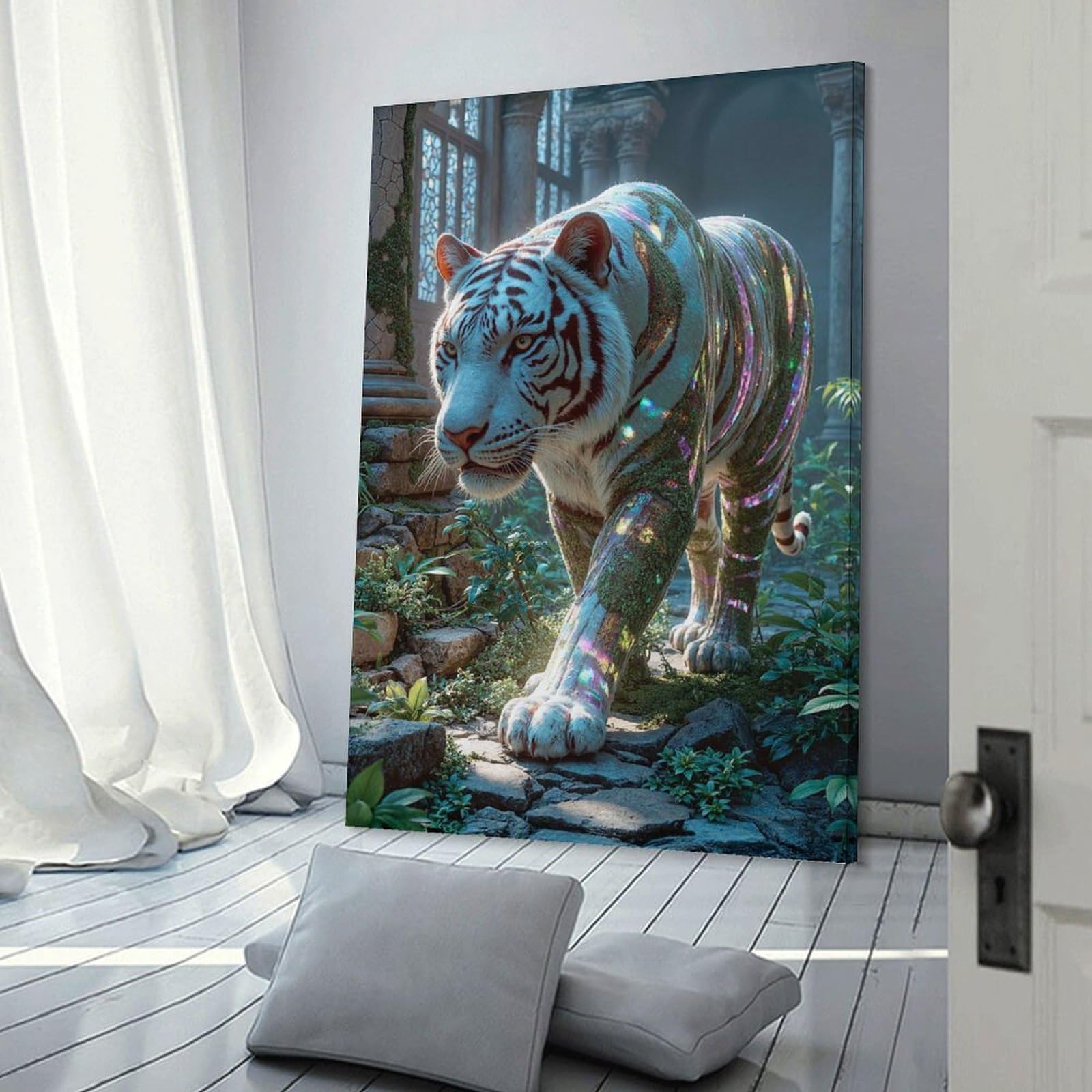Junmoney White Tiger in Ancient Ruins Room Decor Wall Art, 24x36inch(60x90cm), for Living Room, Lounge Or Sitting Room, A Home Accent with Warm Character