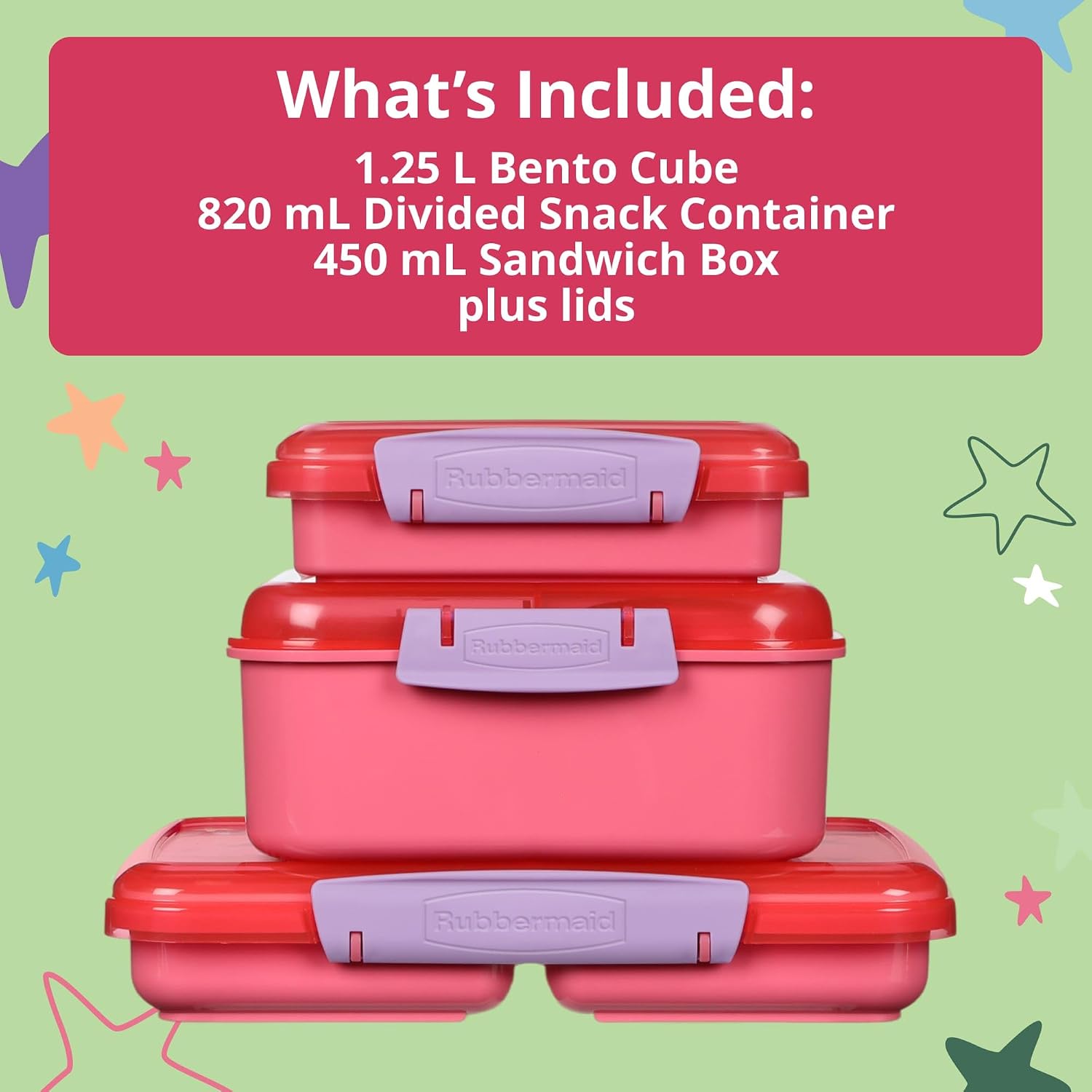 Rubbermaid Pack & Go Space Kitty Popsicle Pink Lunch Set 3-Pack, Bento Cube, Snack Container, Sandwich Box, Food Storage Containers, Plastic Containers for Food