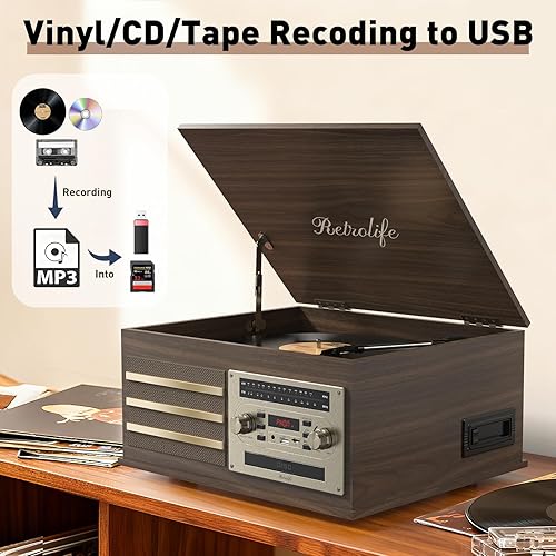 Miniatura 6 de Reproductor de discos de vinilo 10 en 1, tocadiscos integrados para discos de vinilo LP, fonógrafo, unidad por correa, soporte de 3 velocidades