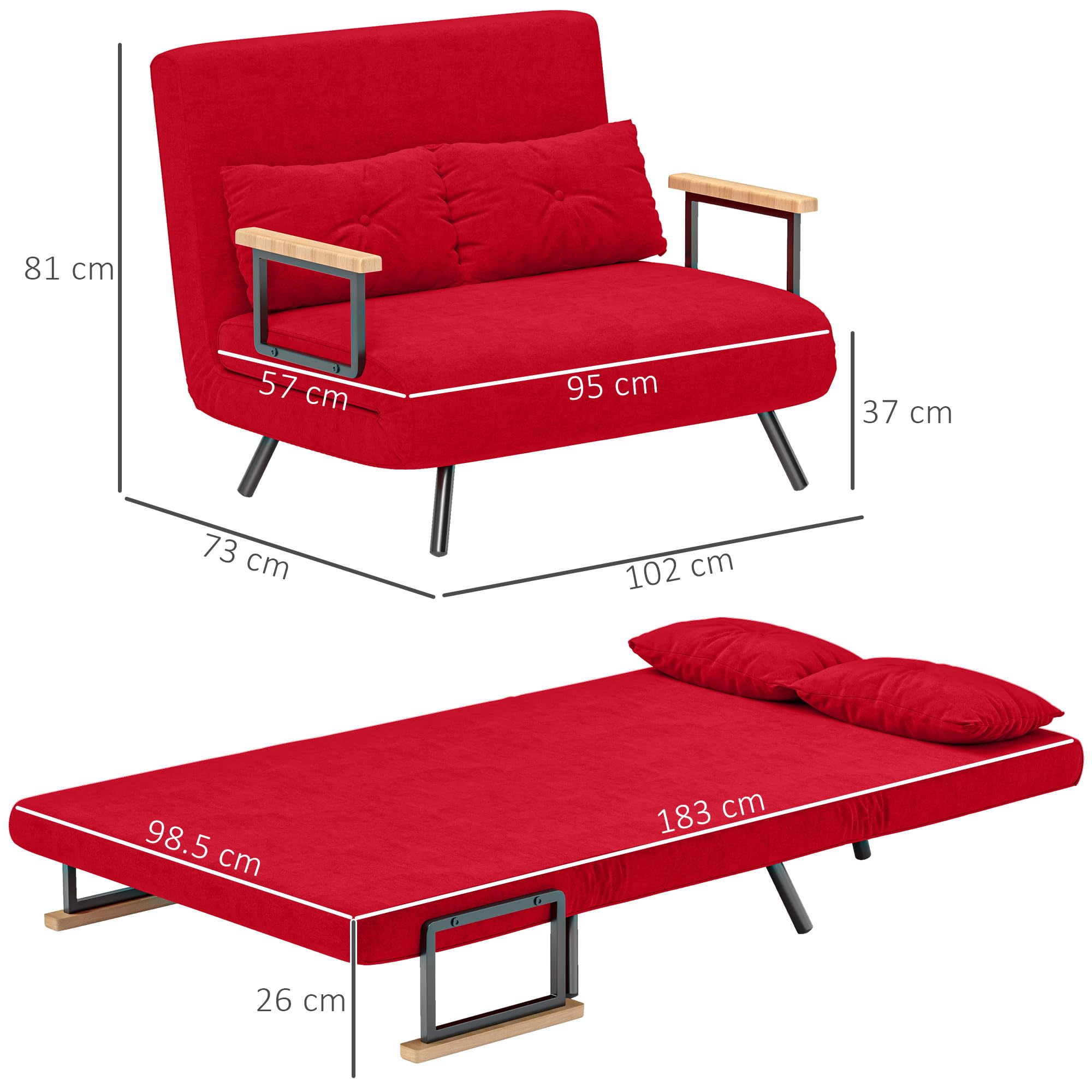 HOMCOM 4 in 1 Divano Letto 2 Posti, con Schienale Regolabile in 5 Posizioni, Divano Letto Matrimoniale Pieghevole con 2 Cuscini, Seduta Imbottita, in Velluto per Casa e Ufficio, 102x73x81 cm, Rosso