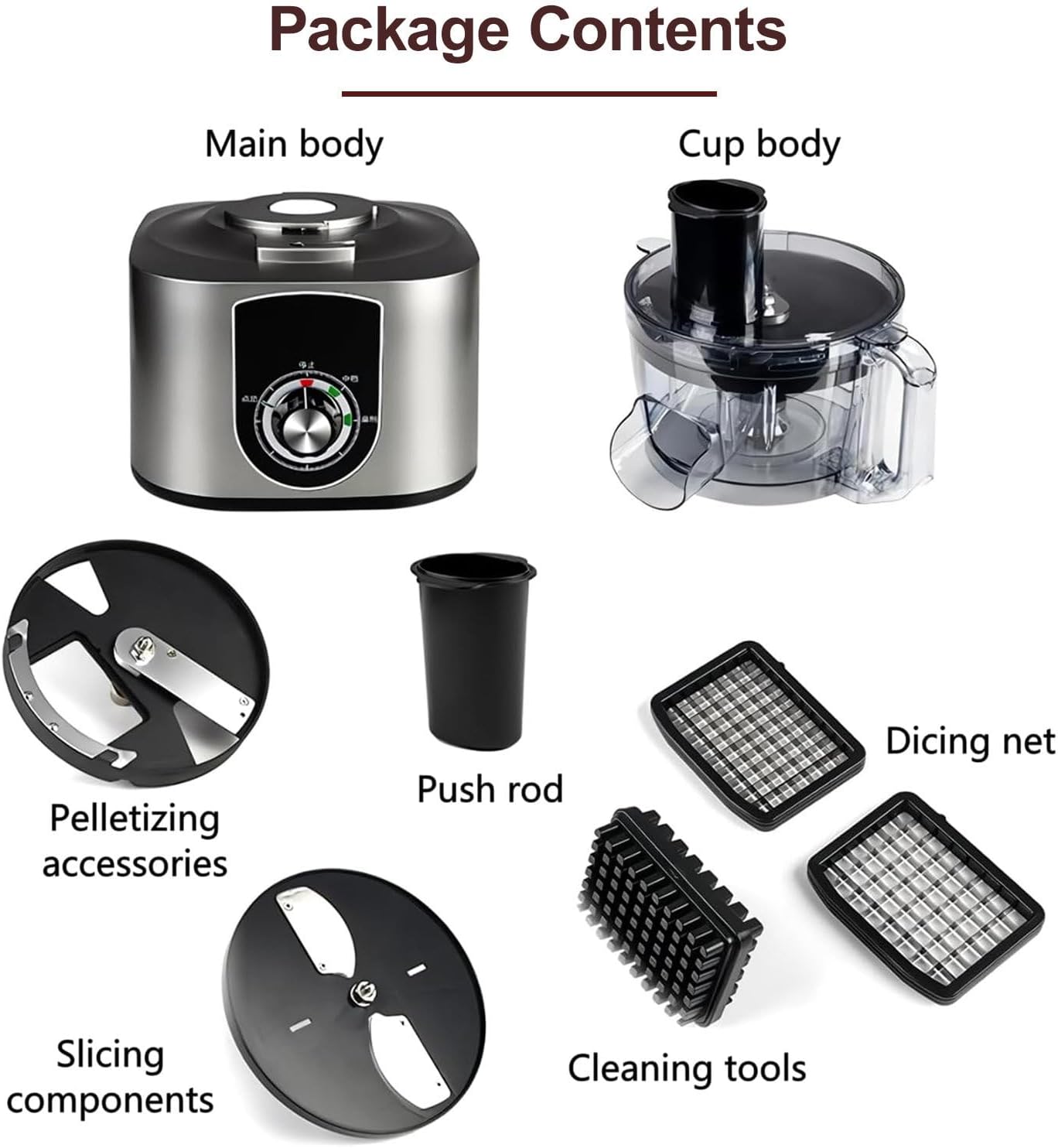 Diagram showing main body, cup body, pelletizing accessories, push rod, slicing components, dicing net, and cleaning tools.