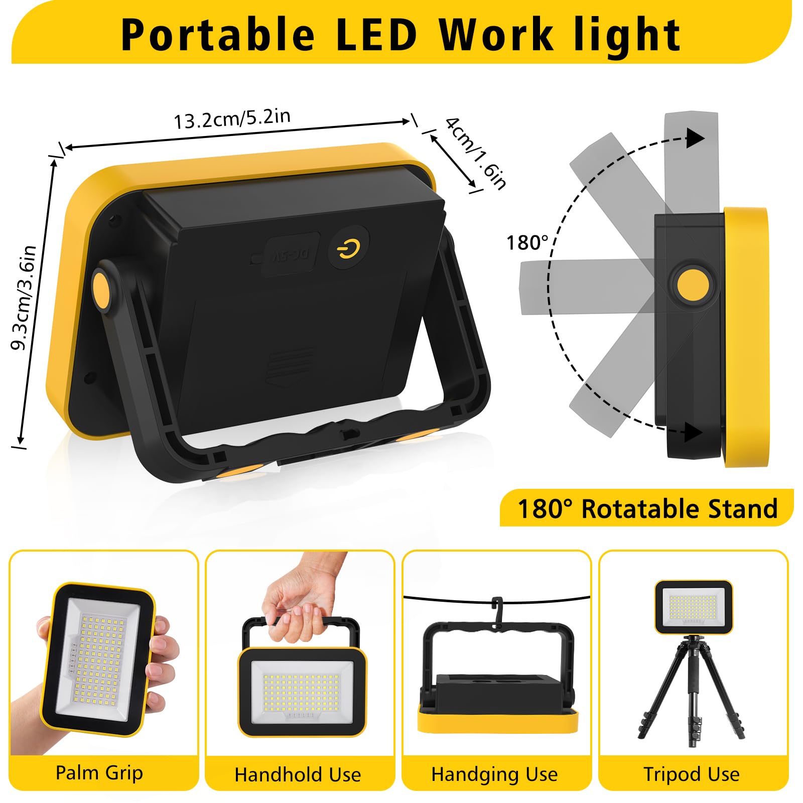 NATPOW Projecteur Led Rechargeable, 5 Modes Projecteur Led Chantier Batterie avec Câble USB, 4000mAh Lampe de Chantier Portable, IP65 Étanche Lampe de Travail pour Garage, Camping, Pêche, 2 Pièces