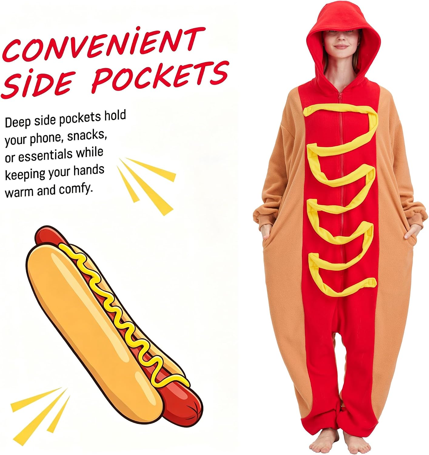 Adult Hot Dog Onesie Costume - Funny Food Pajamas with Mustard Strip, Halloween Hotdog One-Piece Cosplay Outfit