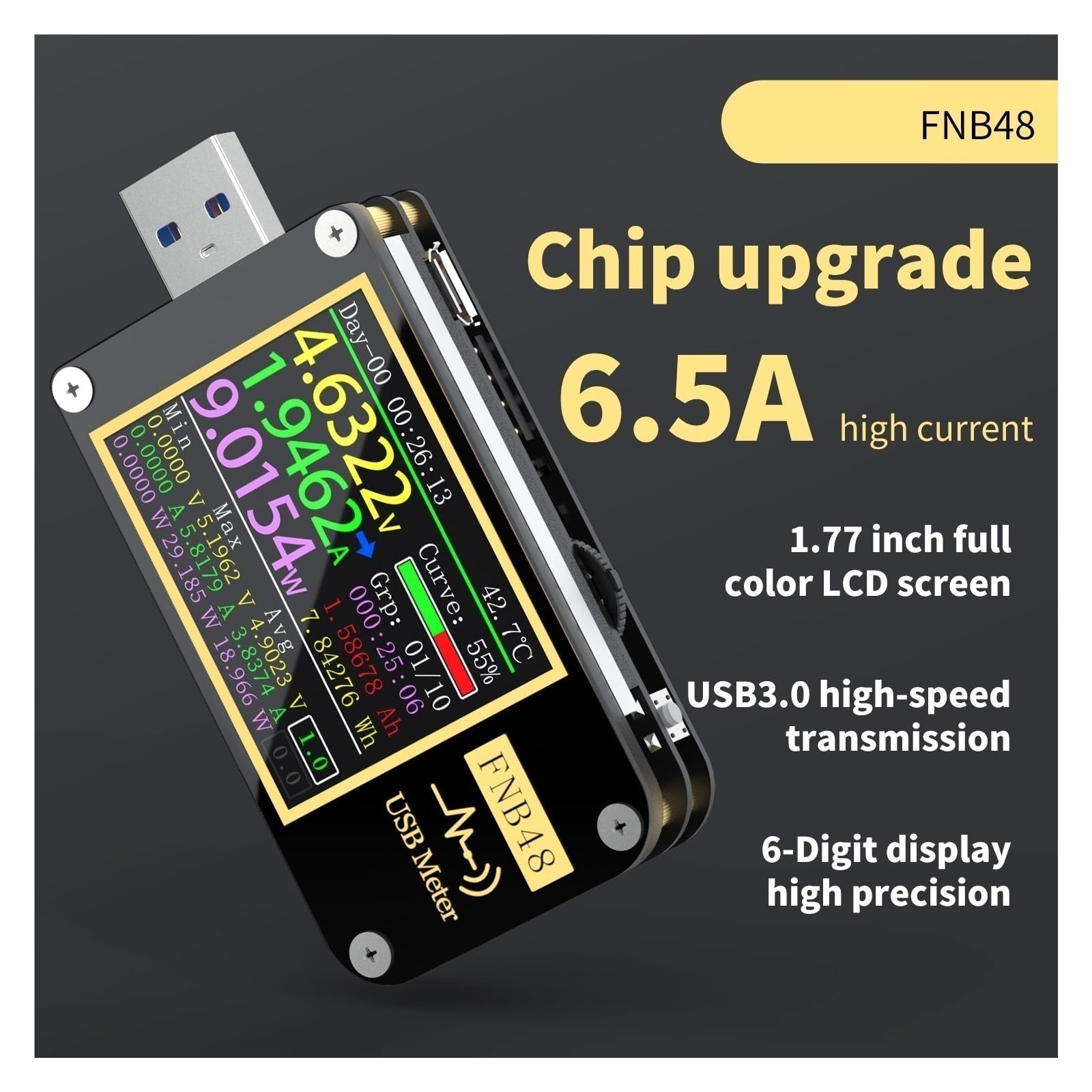 Tester USB FNB48S PD Woltomierz Amperomierz Prąd i woltomierz Tester USB QC4 + PD3.0 2.0 PPS Protokół szybkiego ładowania Test pojemności(48S NO Bluetooth)