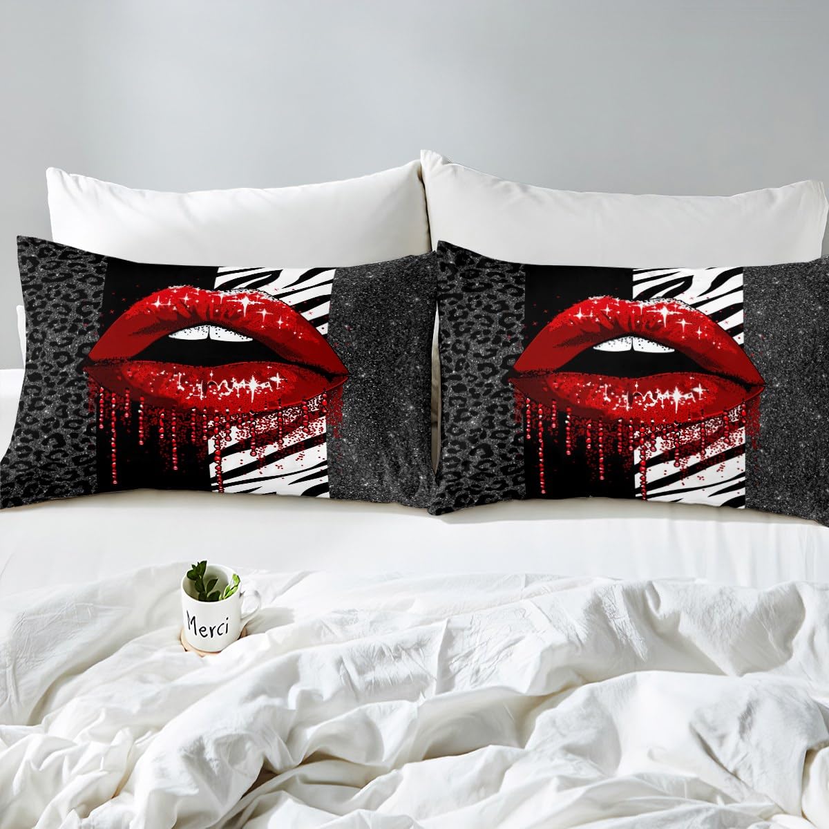 Manfei Red Lips Duvet Cover Set Double Size, Black Zebra Leopard Skin Glitter Comforter Cover with 2 Pillowcases - Image 4