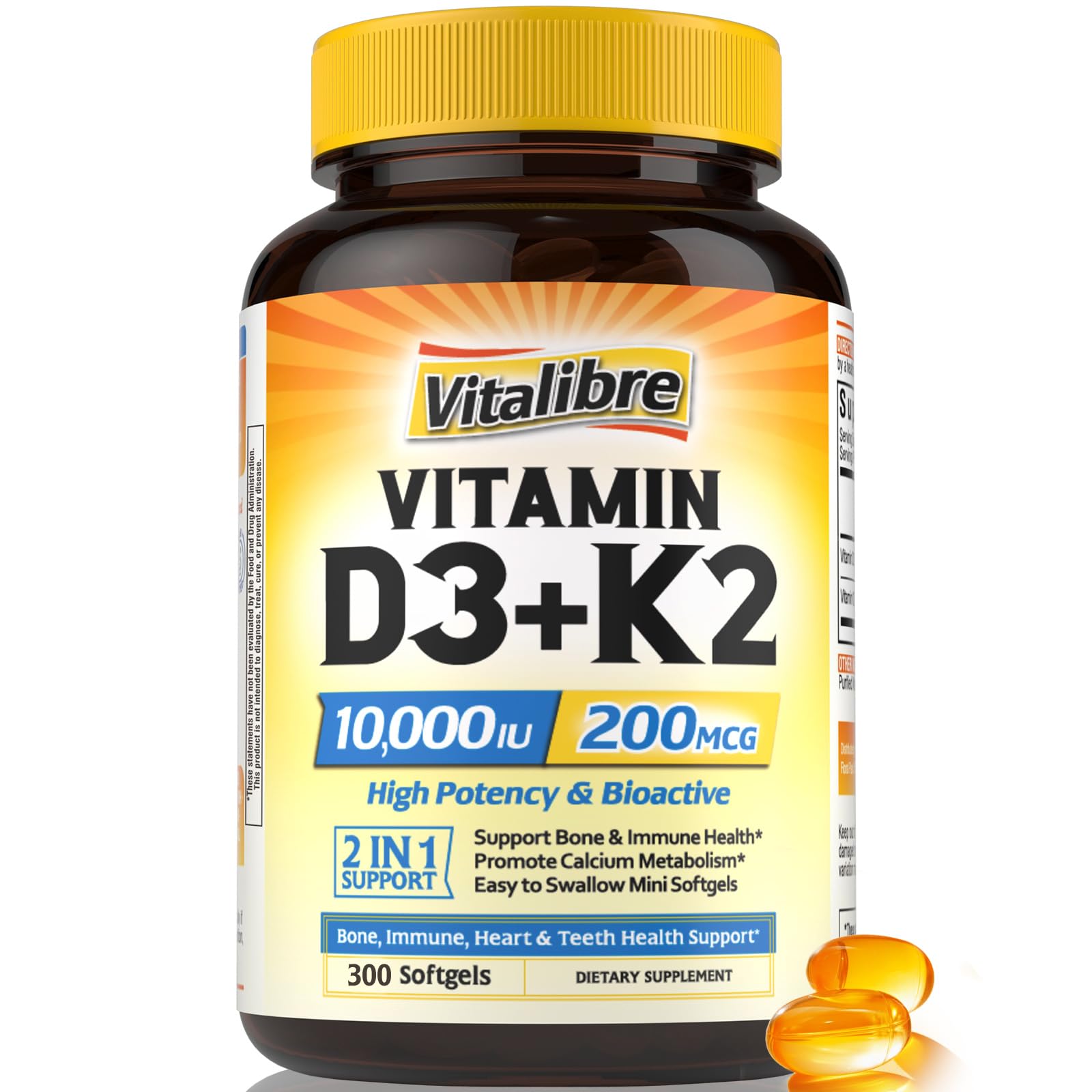 Vitamin D3 K2 Supplement, 10000 IU D3 / 200 mcg K2 MK7, Calcium Absorption, Bone, Heart, Immune & Mood Support, Enhanced Absorption, No Soy, Easy to Swallow, 300 Softgels