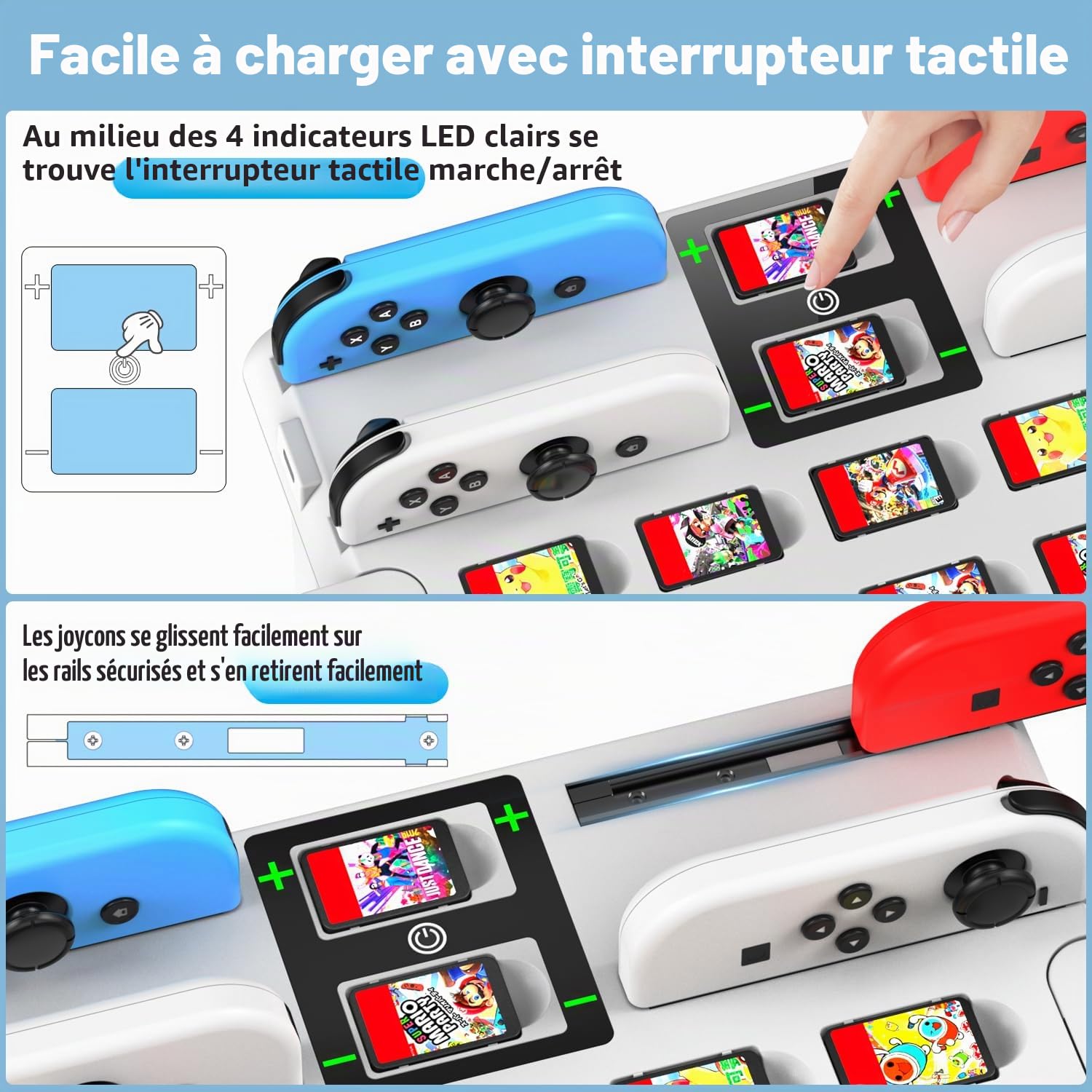 Kytok Tour Stockage, Rangement pour Nintendo Switch/OLED, Chargeur Manette Joycon Switch & Support Manette, Multifonctionnelle, Accessoires Jeux, USB