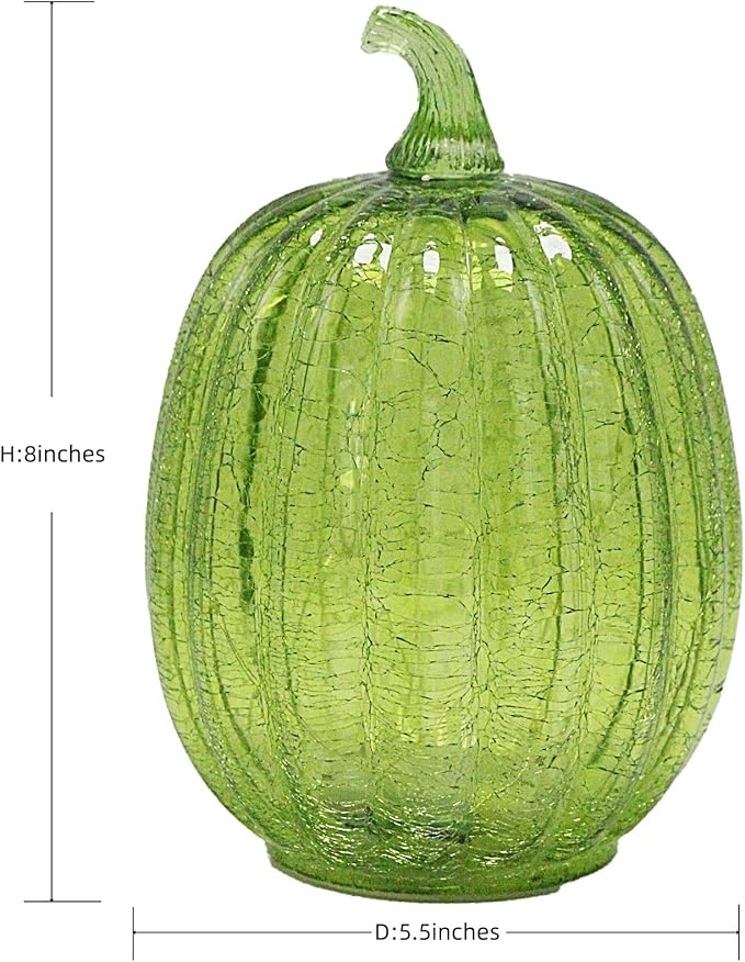 CFDECOR Fall Decor,Crackle Glass Pumpkin Light with Timer, Battery Operated Led Pumpkin Lamp, Light up Glass Night Lights, Ideal for Halloween Thanksgiving Rustic Decor, Xmas Décor (Green) photo 2