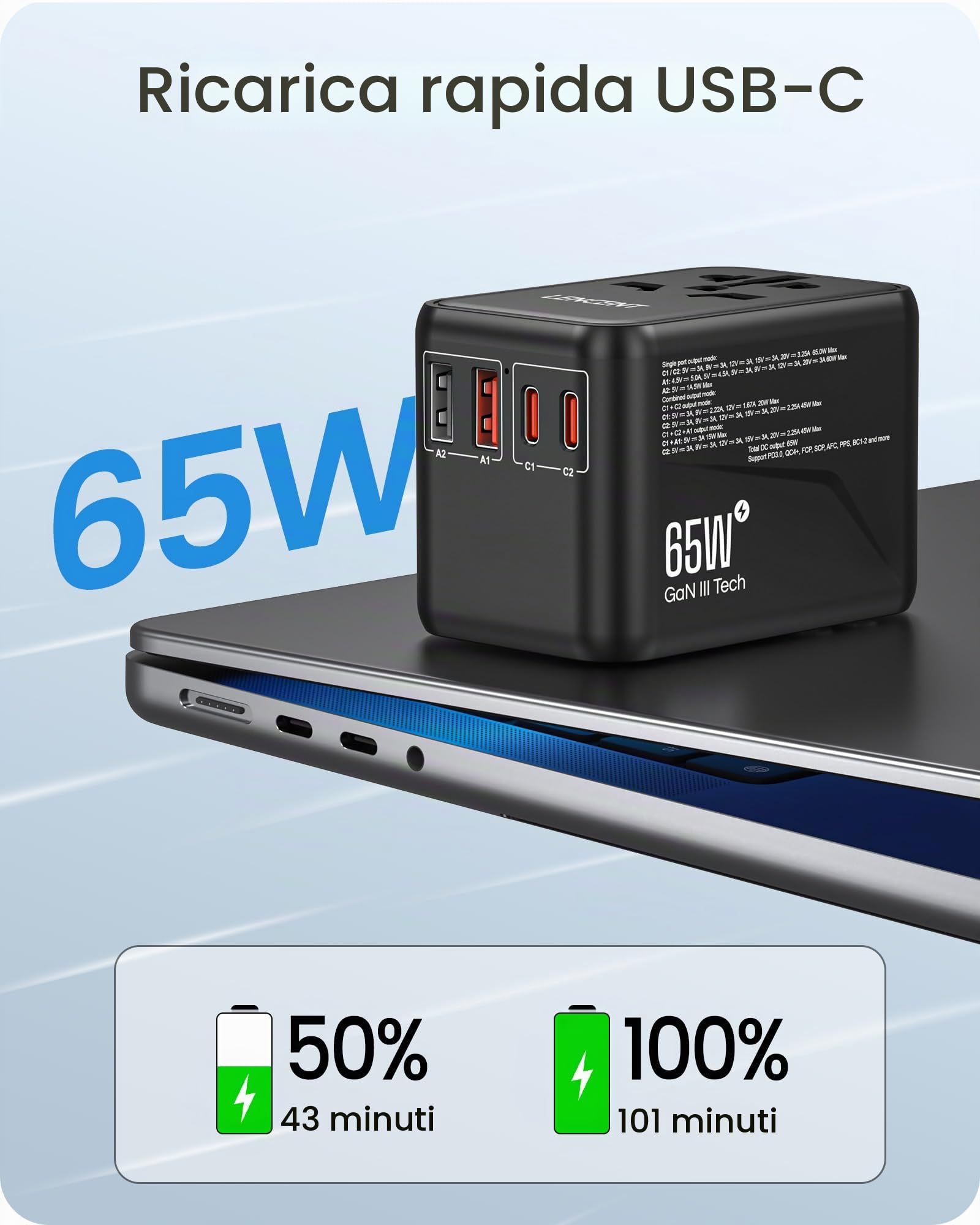 LENCENT Adattatore da Viaggio Universale, GaN3 65W Caricatore Presa | con 2 QC4.0 USB-A+ 2 PD3.0 USB-C PPS a Ricarica Rapida, Adattatore Presa AC in Tutto il Mondo, Spina di USA/UK/EU/AUS