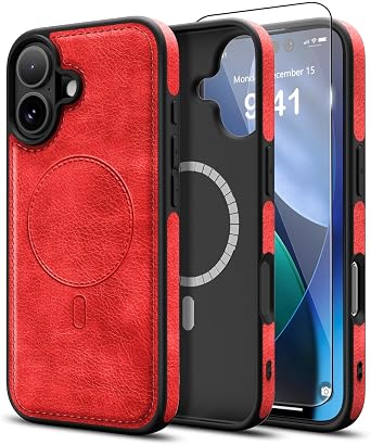 Magnetic for iPhone 17 Leather Case, [Compatible with Magsafe] Business Classic Style Shockproof Men Women,Protective Slim fit Phone Cover for iPhone 17,Red
