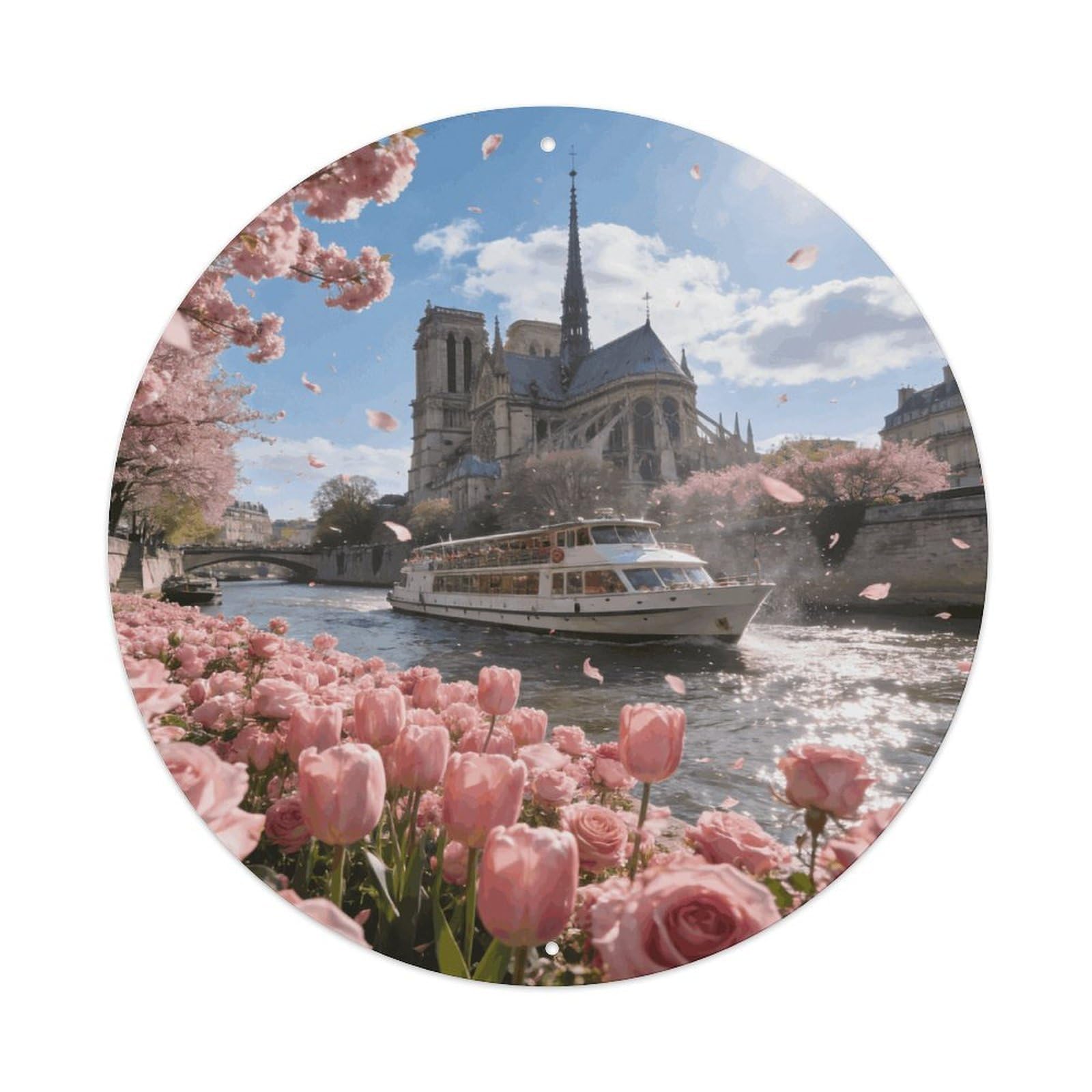 LZQPOEAS Pink Parisian Bloom Round Aluminum Wall Art Sign, Metal Indoor Wall Decor with Holes, Durable Circular Aluminum Plaque for Home, Bar, Cafe, Living Room, And Office Decoration