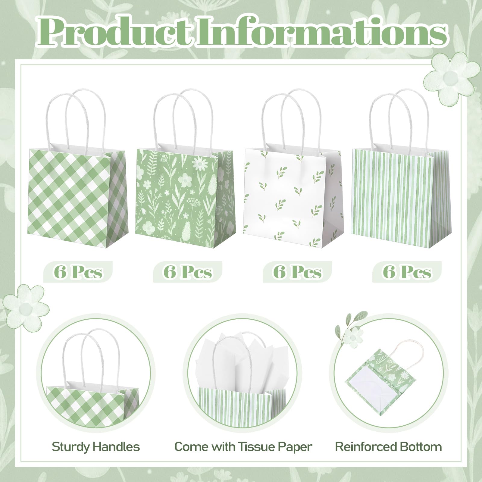 Silkfly 24 Pack Mini Sage Green Gift Bags with Handles & Tissue Paper Small Spring Floral Flower Candy Goodie Bag for Women Baby Shower Tea Party Bridesmaid Birthday Wedding Supplies, 5x5x3 Inch