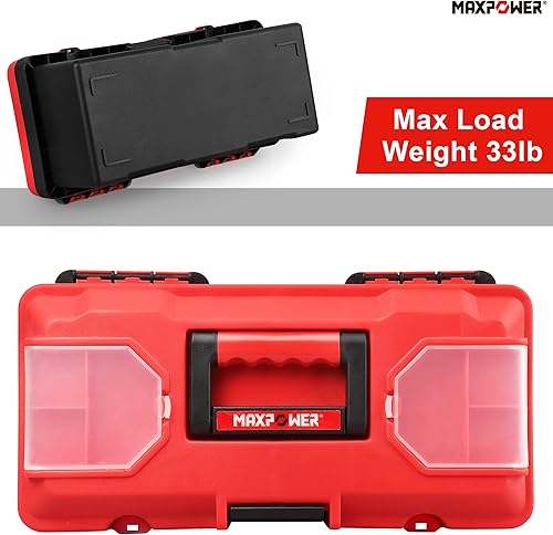 Miniatura 7 de MAXPOWER - Caja de herramientas de plástico, 14 pulgadas, con bandeja extraíble con doble bloqueo, color rojo