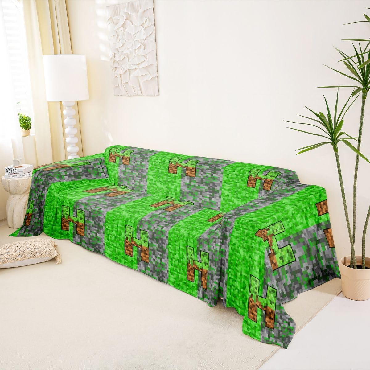 Erosebridal Personalized Initial Letter H Couch Cover 71" x 150" Pixel Grid Miners Soft Sofa Cover Pixelated Miners Gaming Couch Protector Geometric Checkered Grid Green Grey Sofa Protector image 2