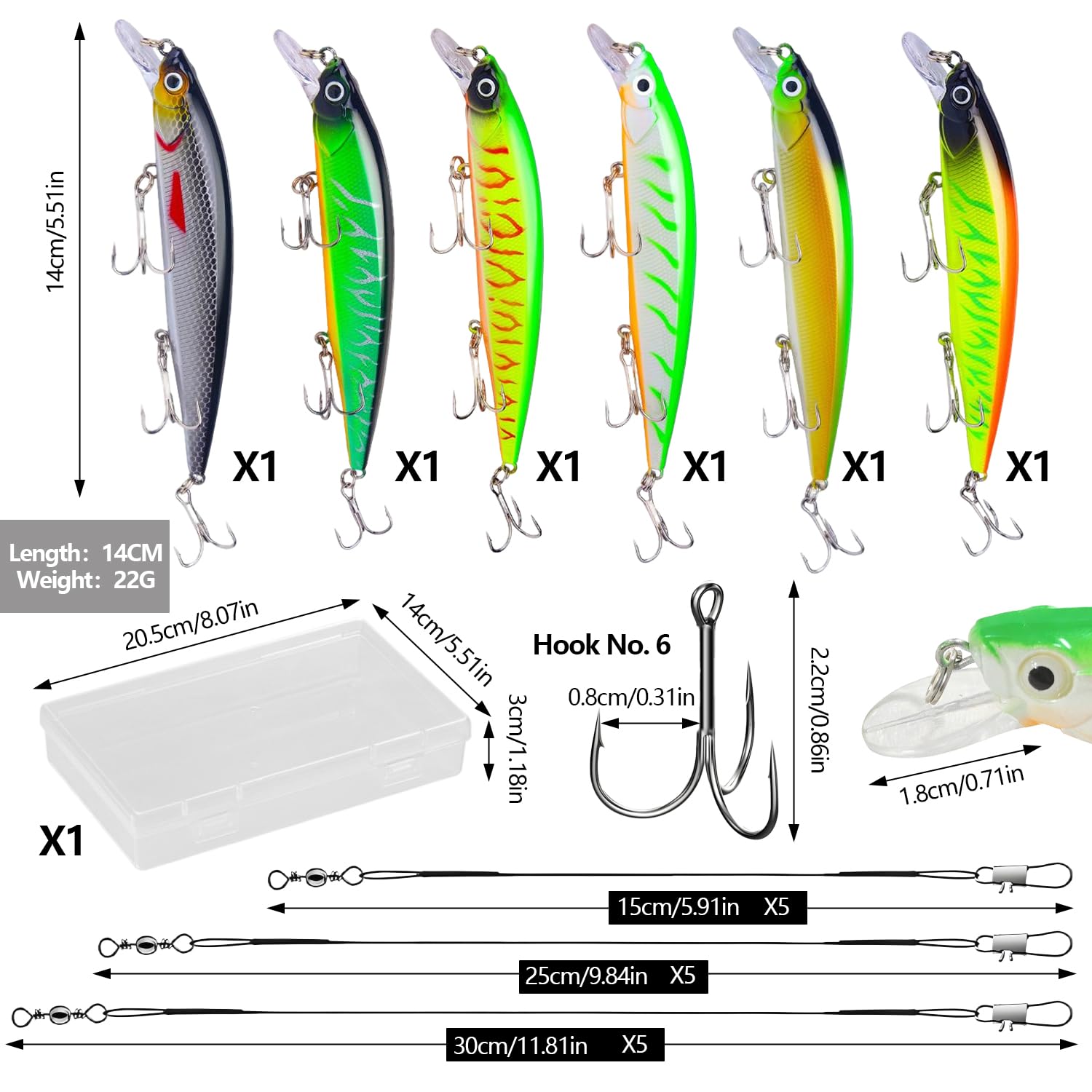 6 Piezas 22 G/14 CM Señuelos Spinning Flotante Minnow, Jig Pesca de Plástico ABS, Anzuelo Triple Señuelos Pesca, con 15 Líder(15/25/30 CM) y Estuche, para Depredadores Medianos y Grandes