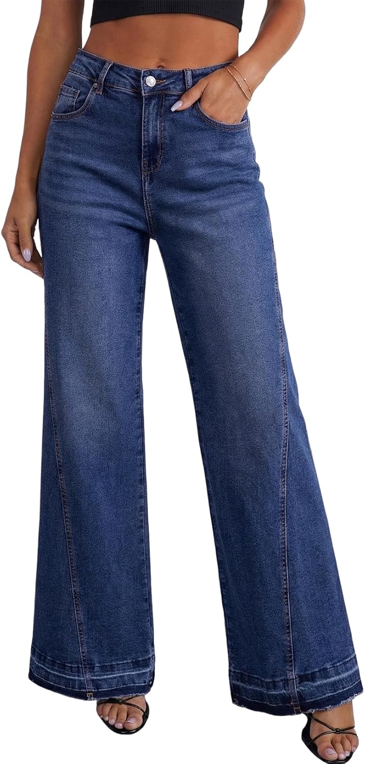 Dokotoo Jeans for Women Casual High Waisted Wide Leg Denim Pants Baggy Raw Hem Flare Jeans with Pockets