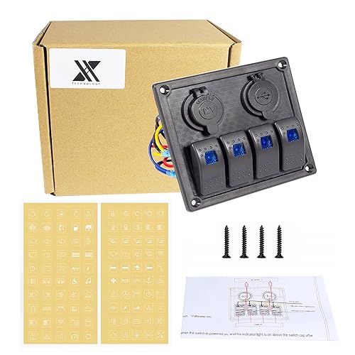 Vista 65 de Panel de interruptor de palanca impermeable de 6 cuadrillas 12V/24V Panel de interruptor basculante de aluminio con cargador USB doble, voltímetro