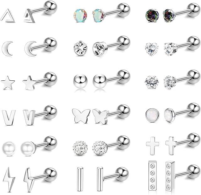 ADRAMATA 18Pairs 316L Stainless Steel Star Moon Stud Earrings for Women Mens CZ Inlaid Huggie Hoop Cuff Earrings Butterfly Clasp Buckle Screw Backed Flat Back Titanium Earrings Ear Piercing Set