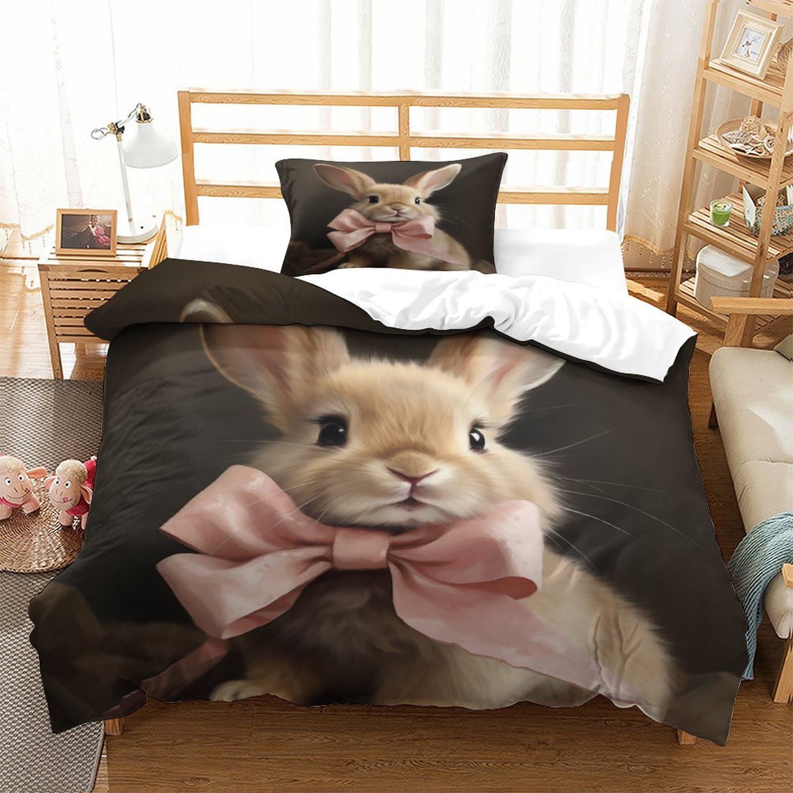 P1S9U7W5Y Cute Bunny 3D Printed Duvet Cover Set 3 Pieces Soft Microfiber Bedroom Decor Bow Rabbit Bedding Set for Adults Teens Gift Single（135x200cm）