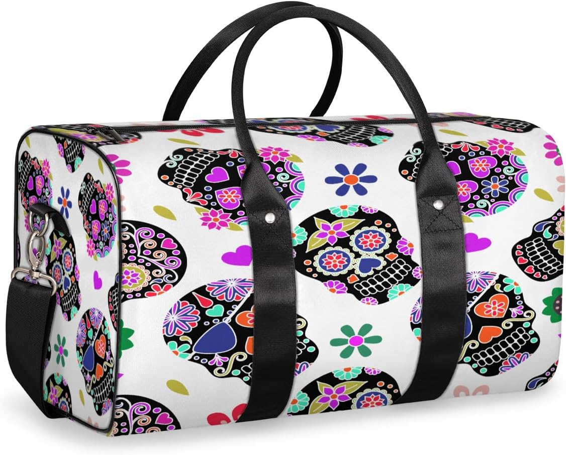 Sugar Skull Heart Flower Travel Duffel Bag for Women Men Large Capacity Overnight Weekender Bags for Lightweight Waterproof Sport Gym Bag for Workout Yoga Swim