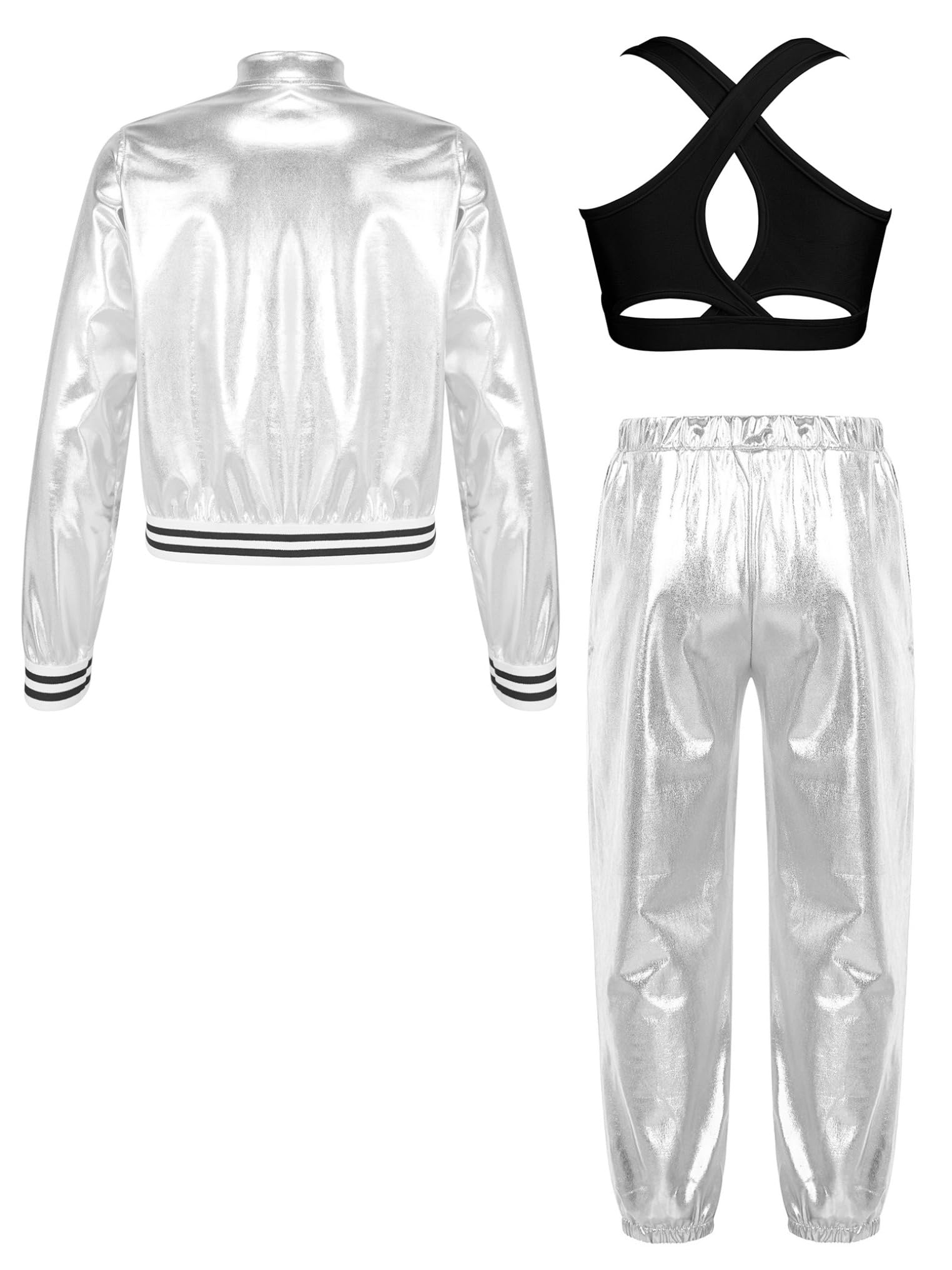3-Set Tuta da Ginnastica Artistica Bambine Lucido Metallico Giacca con Cerniera + Reggiseno Crop Top + Pantaloni Abiti Danza Moderna Jazz Hip Hop