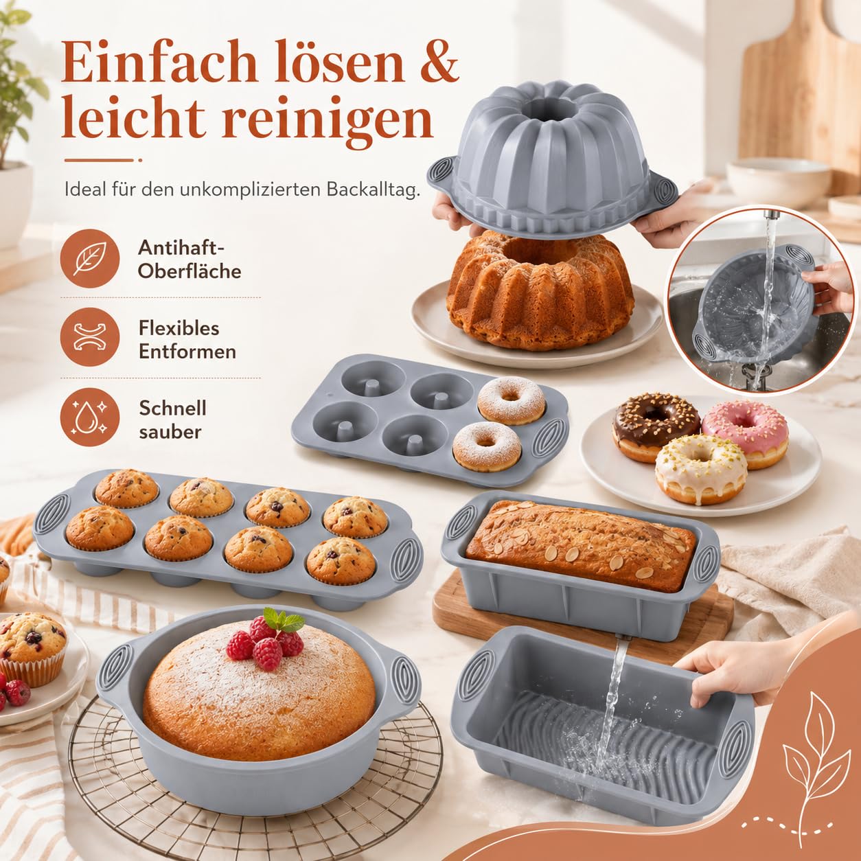 Silikon Backformen Set, 8 Stück Silikon Backform Gugelhupf Brotbackform Kuchenform Muffinform, Springform Backform mit Teigschaber und Backpinsel Für Backen Brot Toast Kuchen Cupcake Muffin