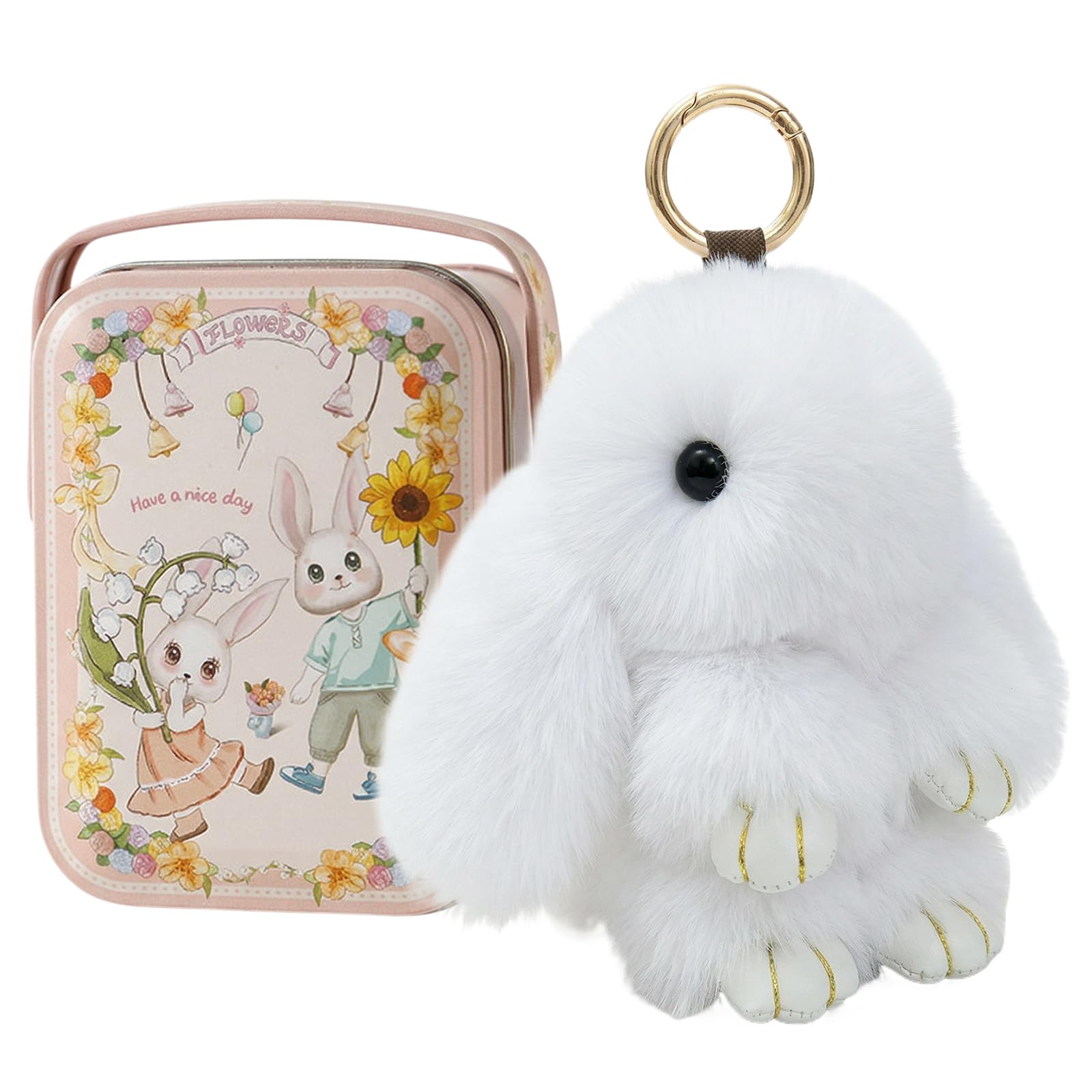 Getbstoop Women's White Fluffy Bunny Lulu Keychain, Handmade Soft Bunny Pompom Charms With Exquisite Box, Cute Rabbit Key Ring Charm For Handbag, Gift For Girls, Easter & Birthday
