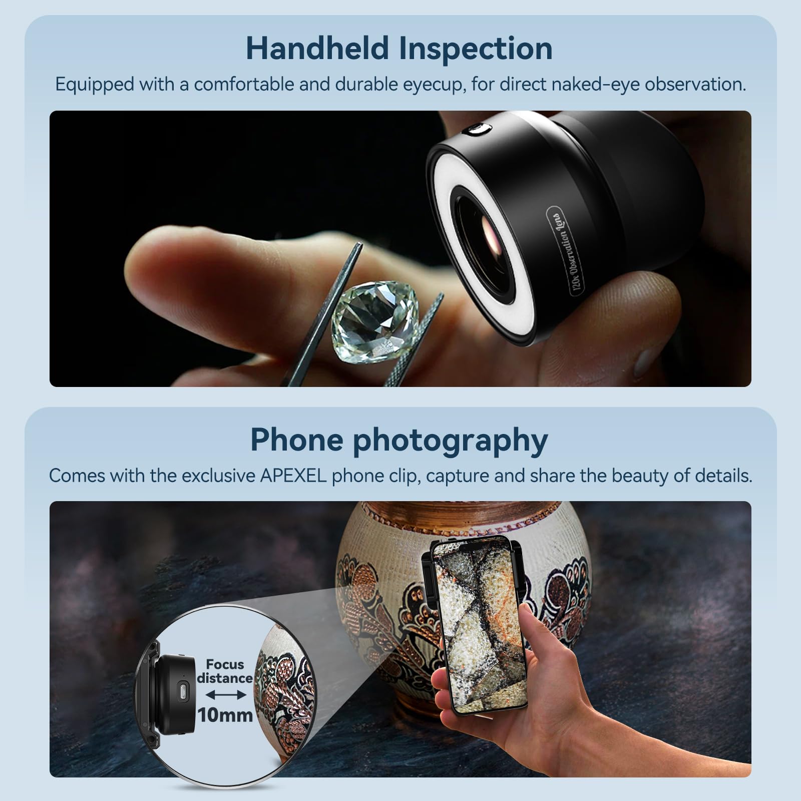 APEXEL Loupe de bijoutier 120X pour l'observation et la Photographie d'antiquités, de Bijoux et de Produits de Luxe