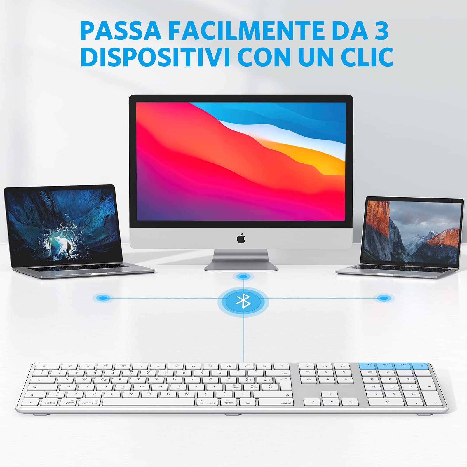 OMOTON Tastiera Bluetooth,Ricaricabile per Mac OS, Layout Italiano con Tastierino Numerico, Compattibile con MacBook Air/Pro/iMac, Tre Modalità Bluetooth e design ergonomico (Bianco)