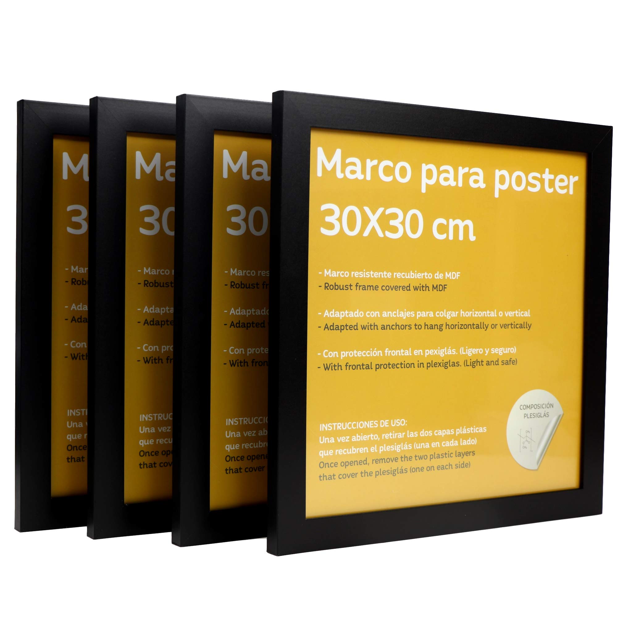 Nacnic Set di 4 cornici nere per foto 30x30cm. MDF e plexiglas di alta qualità. Set di cornici quadrate da appendere. Decorazione con poster, stampe, diplomi, pinacoteche e cornici da regalo.