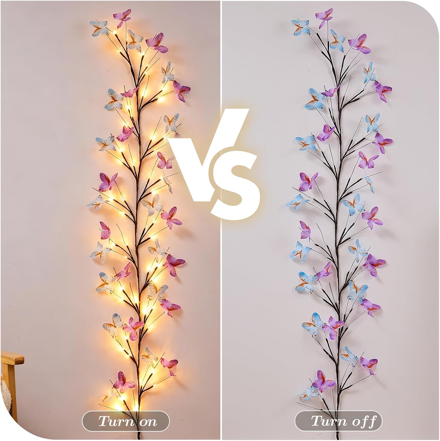 Willow Vine Light with Butterfly 48LED 5.9FT Enchanted Wall Decoration Vine Lights 8 Light Modes for Indoor Home Wall Decoration(Warm White)