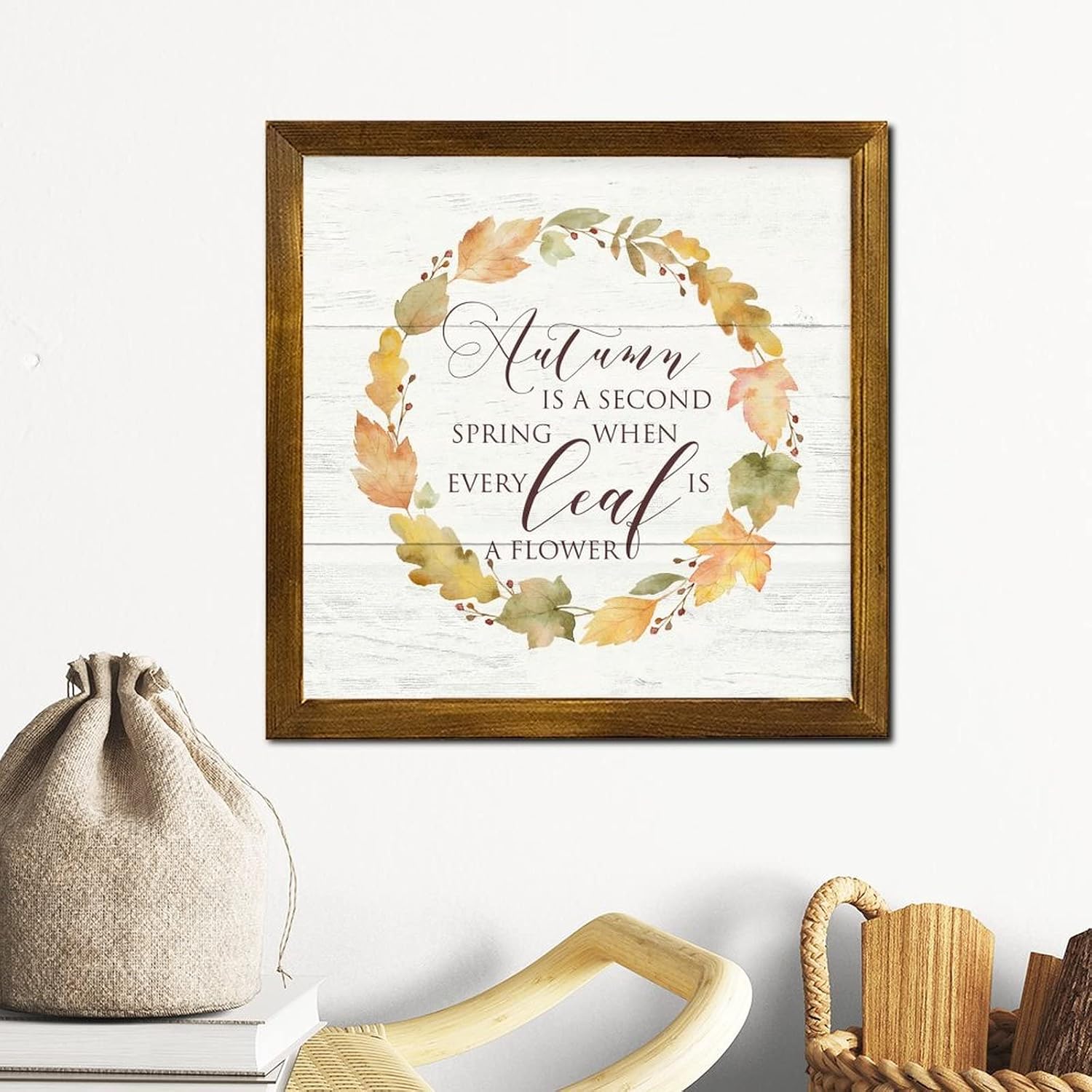 Autumn is A Second Spring Framed Wooden Signs Fall Maple Leaves Wreath Wood Plank Hanging Sign Farmhouse Farm Harvest Home Wall Hanging Sign Decorative for Entryway Porch Bar Pub Party 12x12 inch