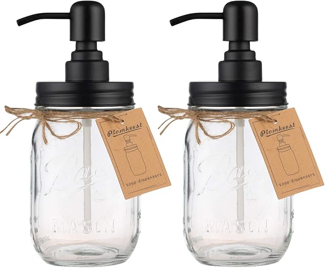 Plomkeest 2-Pack 16oz Mason Jar Soap Dispenser Clear Glass Jar Soap Dispenser with Stainless Steel Pump Liquid Soap Dispenser for Bathroom,Kitchen Decor
