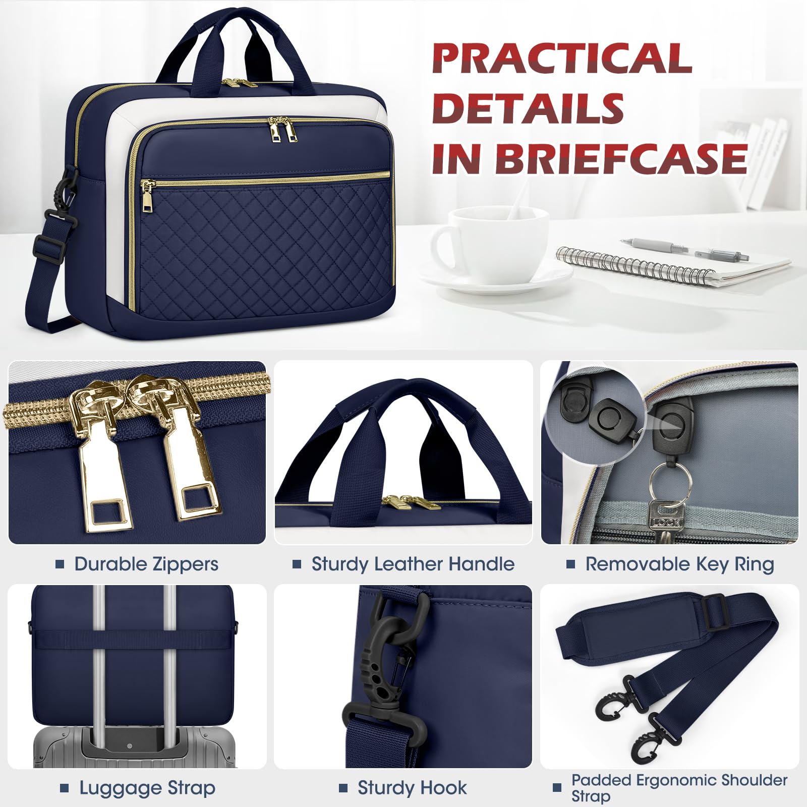 NEWHEY Borsa per computer portatile da 17,3 pollici valigetta per computer da donna grande borsa per computer | Borsa a tracolla impermeabile con tasche multiple e tracolla imbottita, per lavoro, ufficio, università, blu e beige