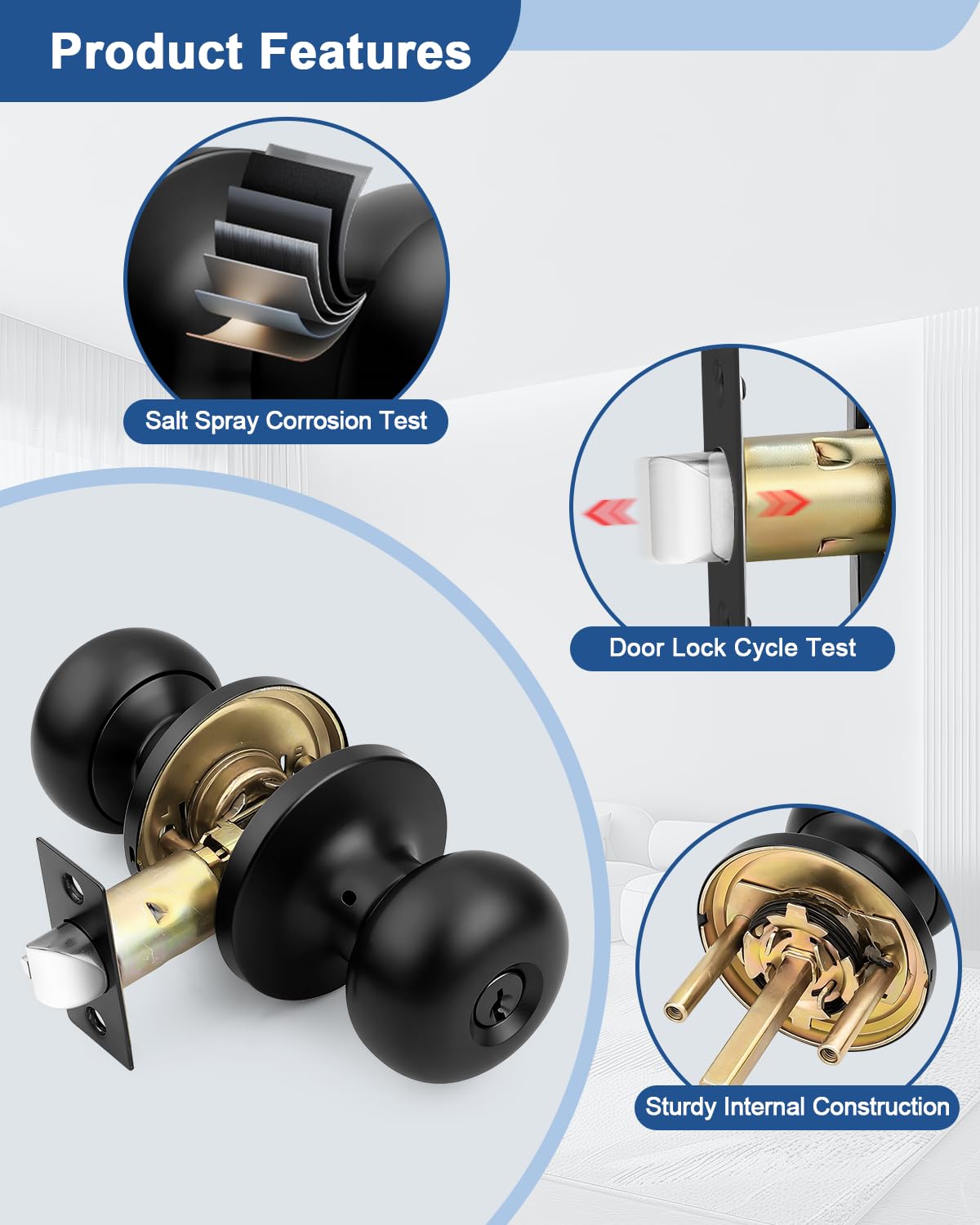 GOBEKOR 1 Pack Matte Black Door Knob with Lock and Keys, Keyed Alike Heavy Duty Entry Door Lock for Front Door, Bedroom Bathroom & Office, Reversible for Left/Right Door - 4