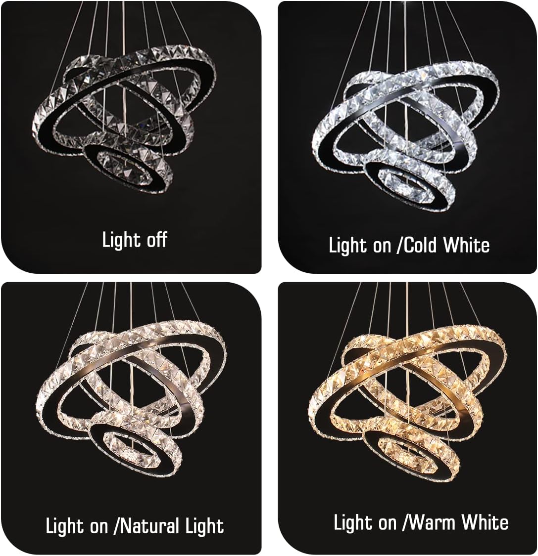 Dimmable Black Modern LED Crystal Chandeliers 3 Rings Pendant Light Adjustable Height Ceiling Lamp for Dinning Room Bedroom Living Room (Dimmable)