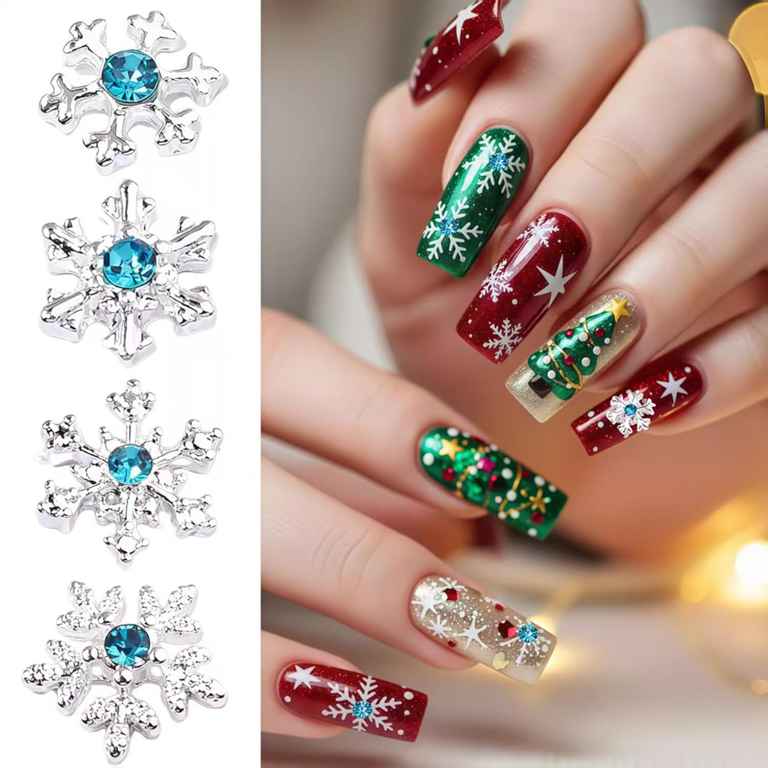 20 ciondoli per unghie a forma di fiocco di neve, argento lucido, blu, inverno, Natale, fiocco di neve, strass, design fiocchi di neve, ciondoli per unghie acriliche, unghie di Natale, gioielli per