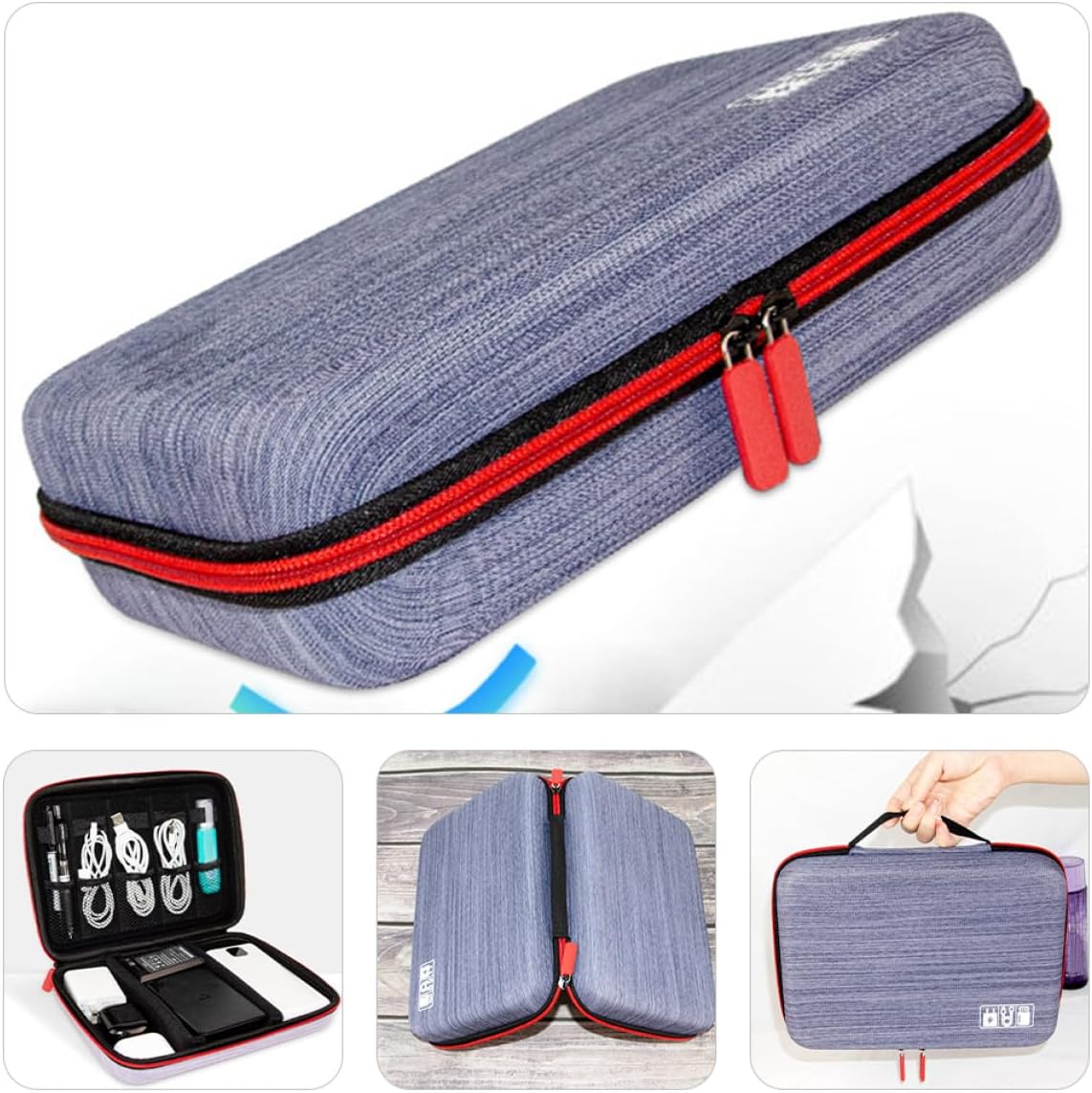 Hard Shell Waterproof Electronic Accessory Bag Cable Storage Pouch for Travel Digital Organizer Case Gray Blue