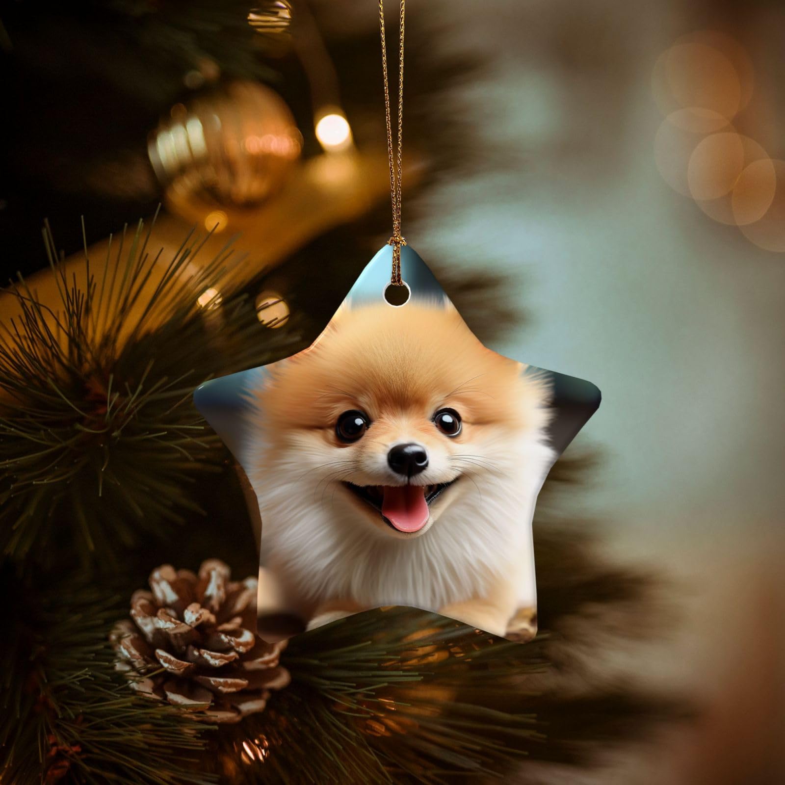 Christmas Ornaments for Christmas Tree Decoration Hanging Cute Little Pomeranian Ornament with Gold Ribbon Crafts Star Shape Ceramic Pendant for Keepsake Gifts Xmas Decor Party Supplies