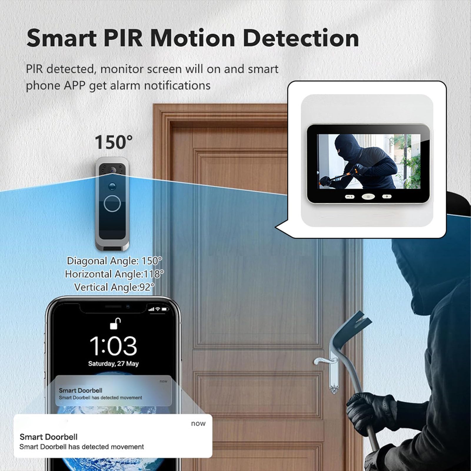 Kikumi Campanello Visivo Wireless, Videocamera Campanello Video WiFi con Display IPS da 5 Pollici Visualizzazione 1080P a 150 Gradi Rilevamento Movimento PIR, Monitoraggio Remoto APP
