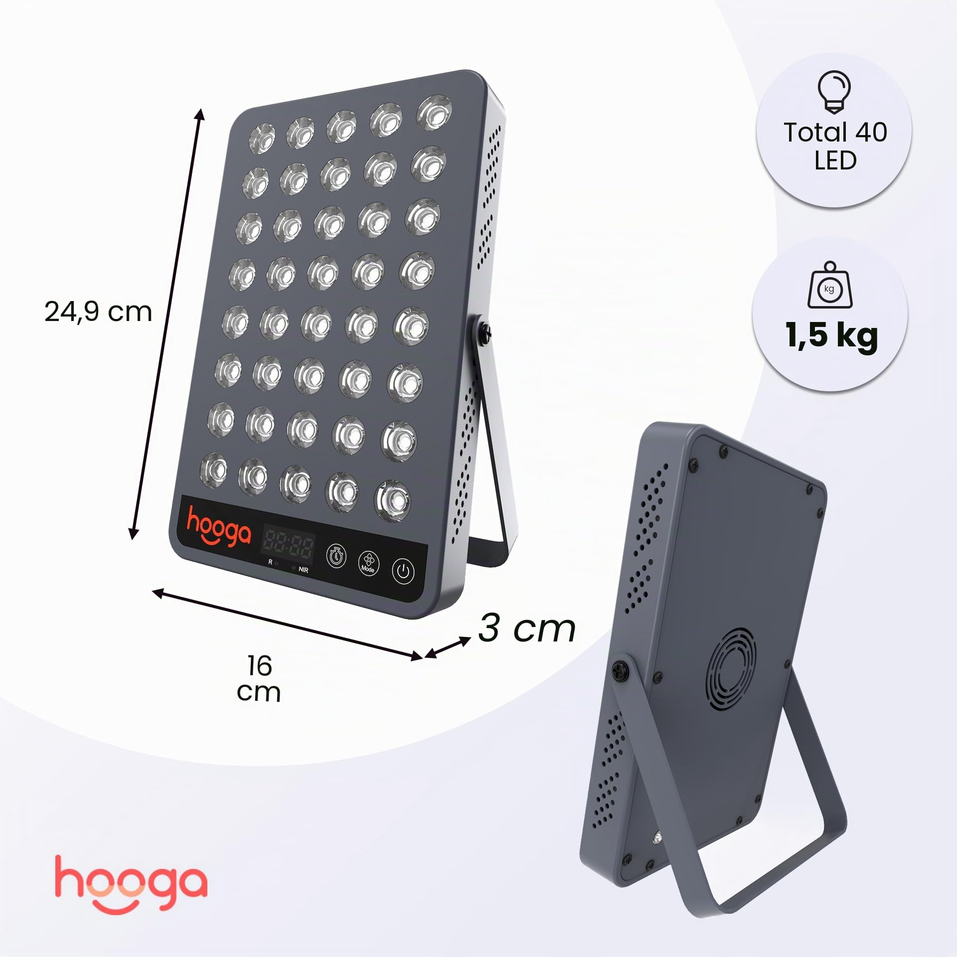 Hooga Dispositivo de terapia de luz roja, 660nm 850nm cerca de la terapia de luz infrarroja con temporizador, soporte integrado, salida de alta potencia de calidad clínica para la salud de la