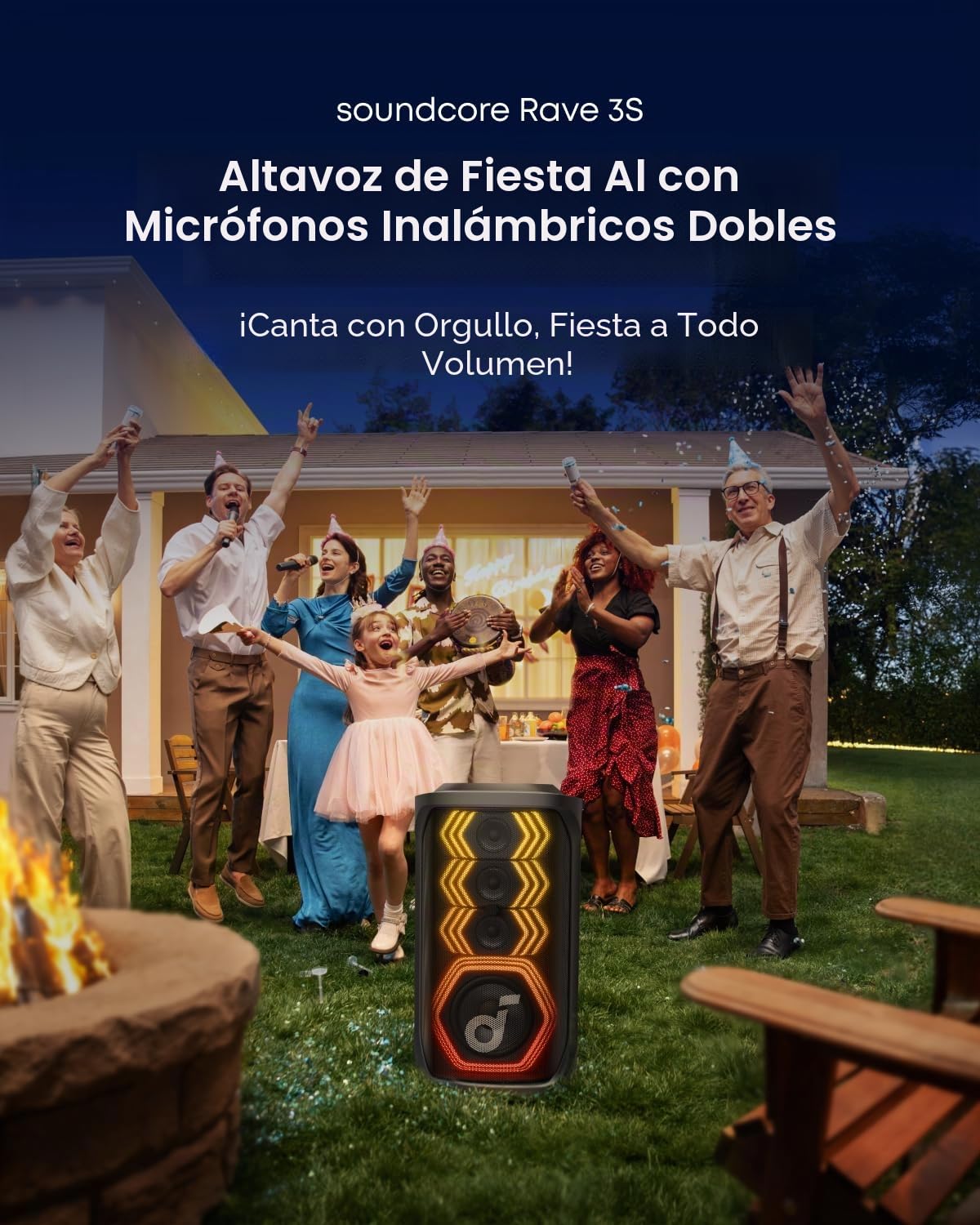 Soundcore Rave 3S Altavoz Bluetooth para Karaoke 200 W | 2 micrófonos inalámbricos, eliminación de voz con IA, potenciador de voz, reverberación y luces, 12 h