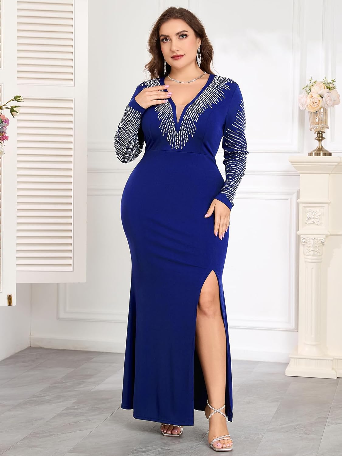 ZOMVA Plus Size Sparkly Deep V-Neck Formal Maxi Dress Sexy Rhinestone Long Sleeve Dress with Slit Party Cocktail Evening Gown - Image 6